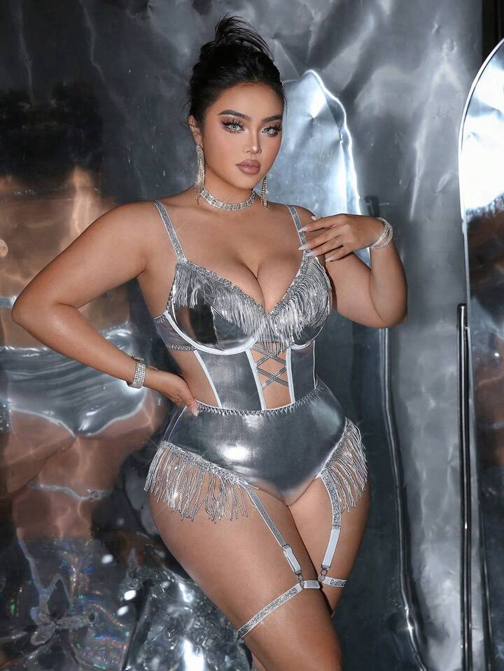 Wet Look Shiny Metallic Silver Vixen Hi Cut Teddy Bodysuit PLUS 4XL 4X NEW