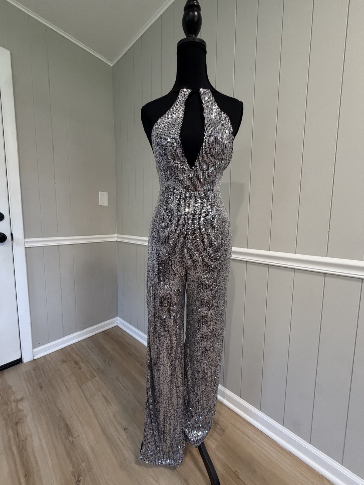 AKIRA Silver Sequin Halter Jumpsuit XS New With Tags Straight Leg Party Clubwear