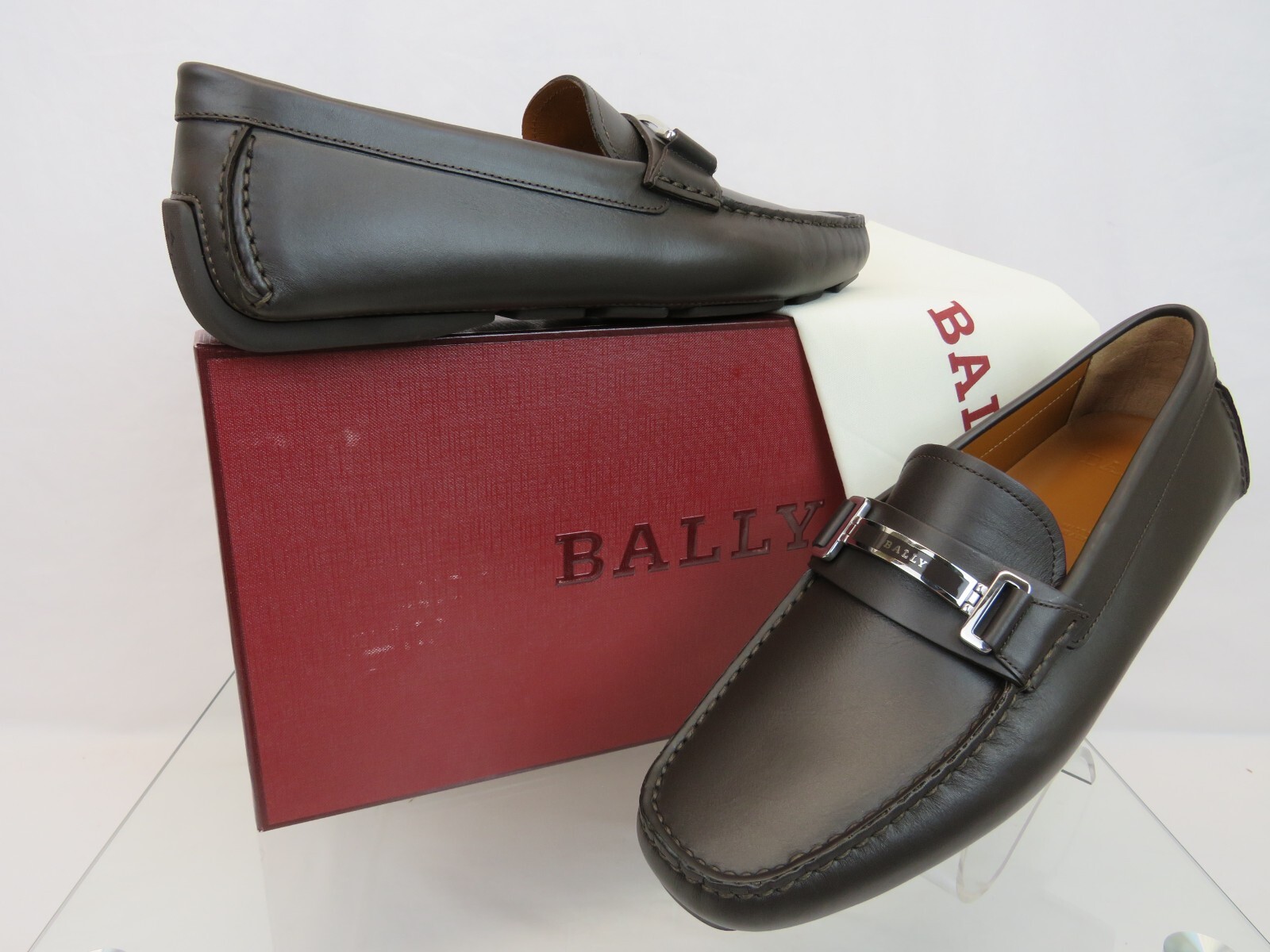 BALLY DRULIO DARK BROWN CHOCOLATE LEATHER METAL LOGO DRIVING LOAFERS US 12 D