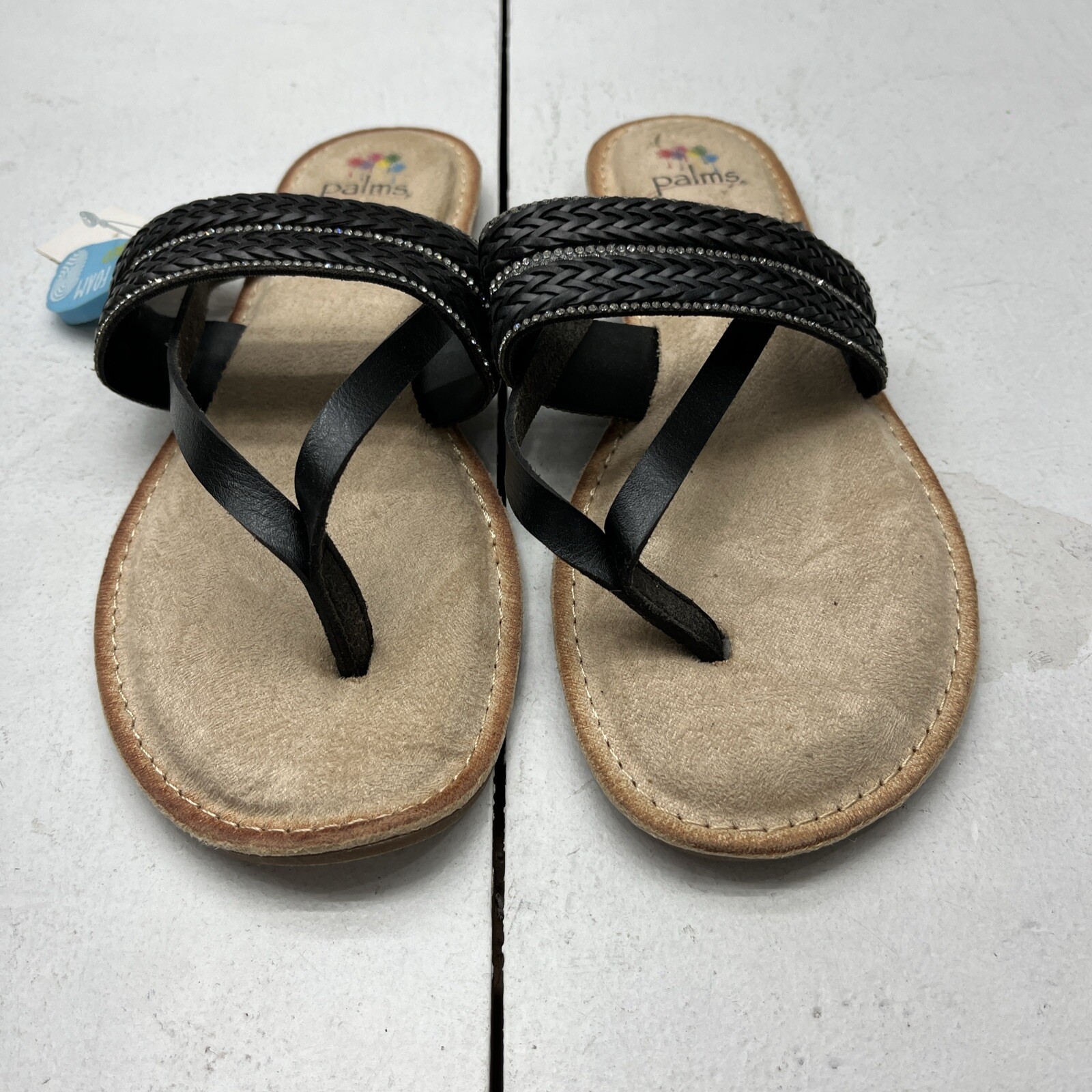 Palms Black Thong Strap Sandal Rhinestone Memory Foam Footbed Women’s Size 8