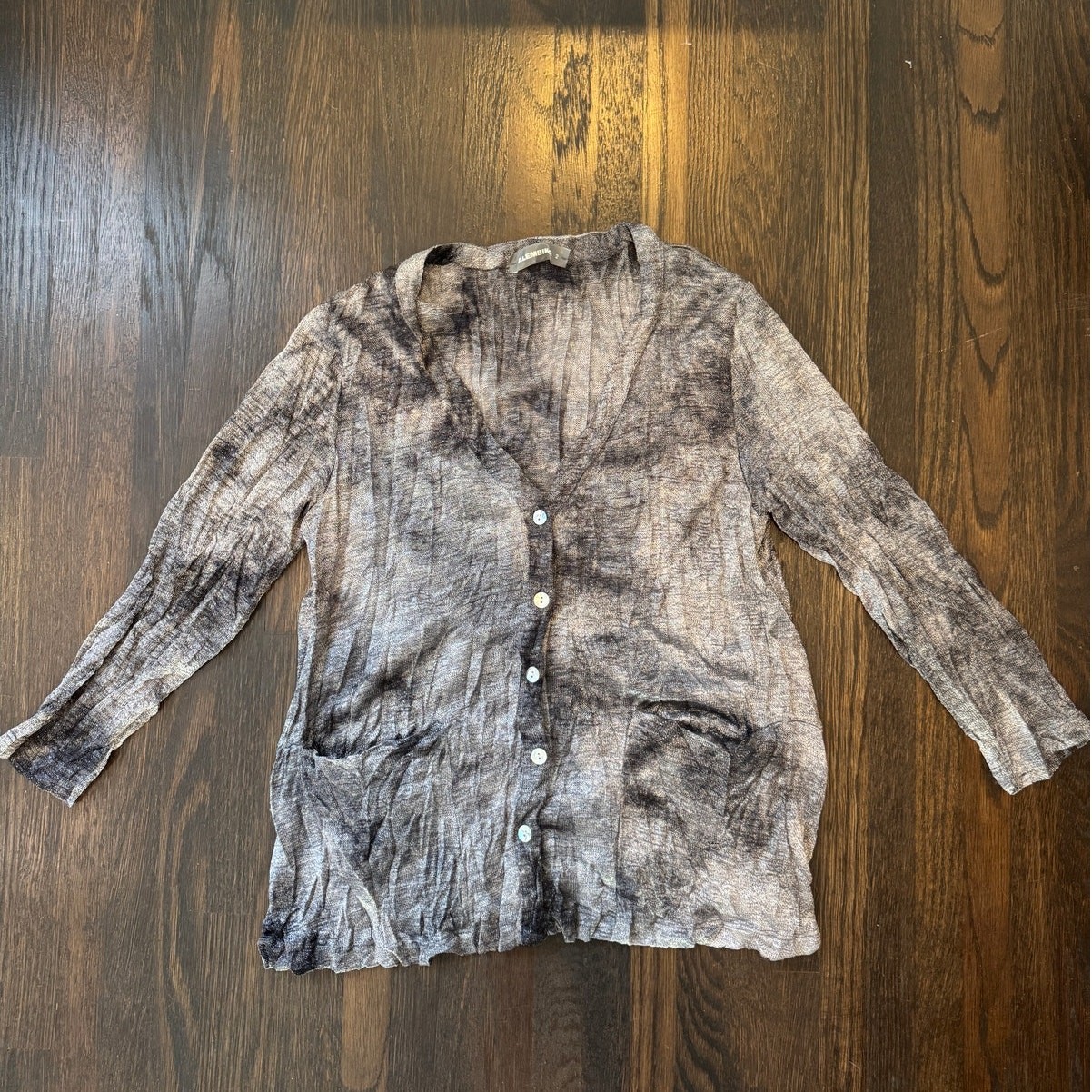 Alembika | Crinkle Knit Cardigan Gray Abstract Stretch Button Front Size 2 Med