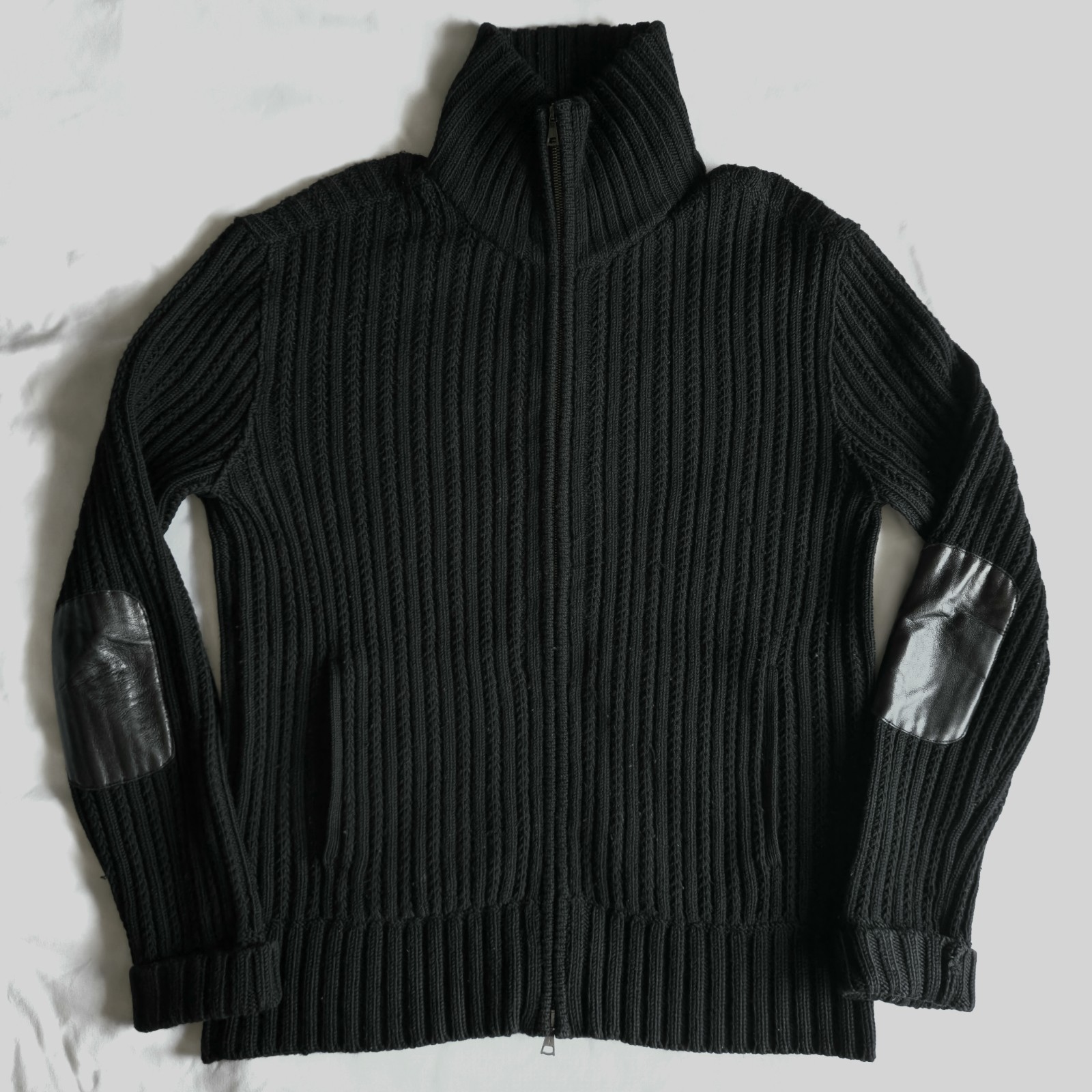 John Varvatos Mens L Black Merino Wool Lamb Leather Elbow Patches Zip-Up Sweater