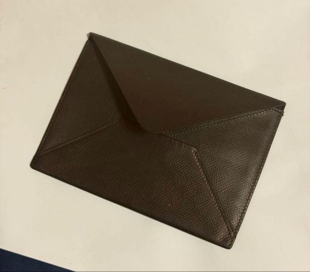 HERMES Envelope Pouch MM Black Chevre Mysore 11.5cm x 8.3cm Pre-owned