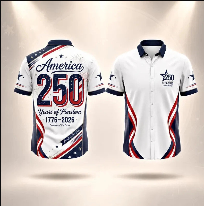 White USA 250th Anniversary Hawaiian Button Down Shirt, 250 Years Of Freedom