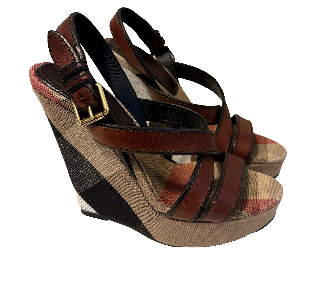 Burberry Brit Canvas Nova Check Warlow 125MM Woman Wedge Sandals US 7