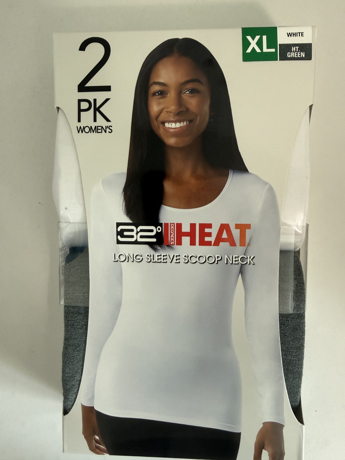32 Degrees Heat Women’s Thermal Scoop Neck Shirt White/Ht Green XL 2-Pack. NEW!!