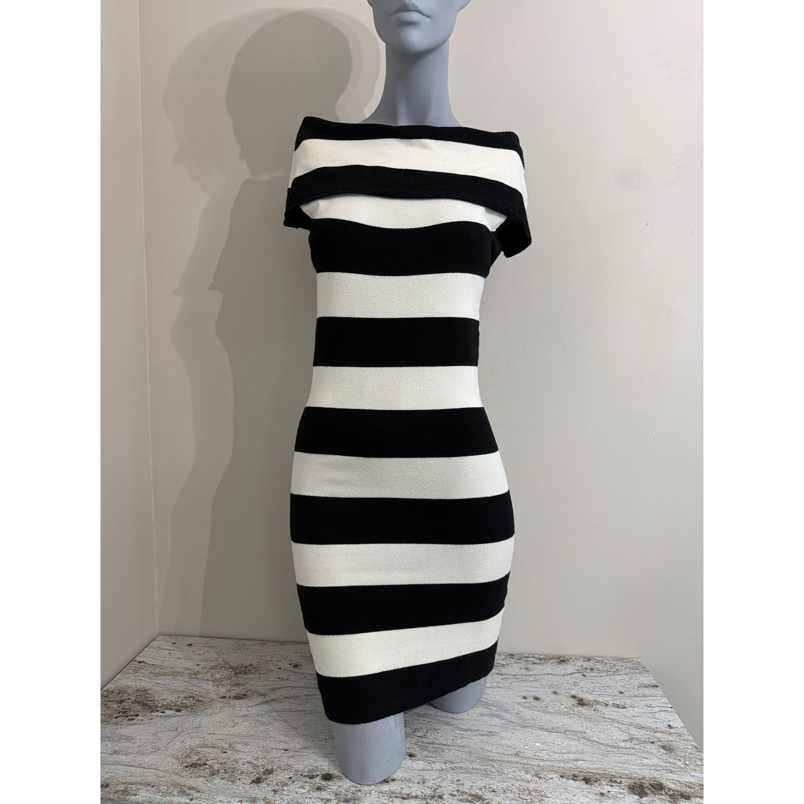 Black and White Striped Bodycon Sweater Dress Off Shoulder Cowl Neck Mini