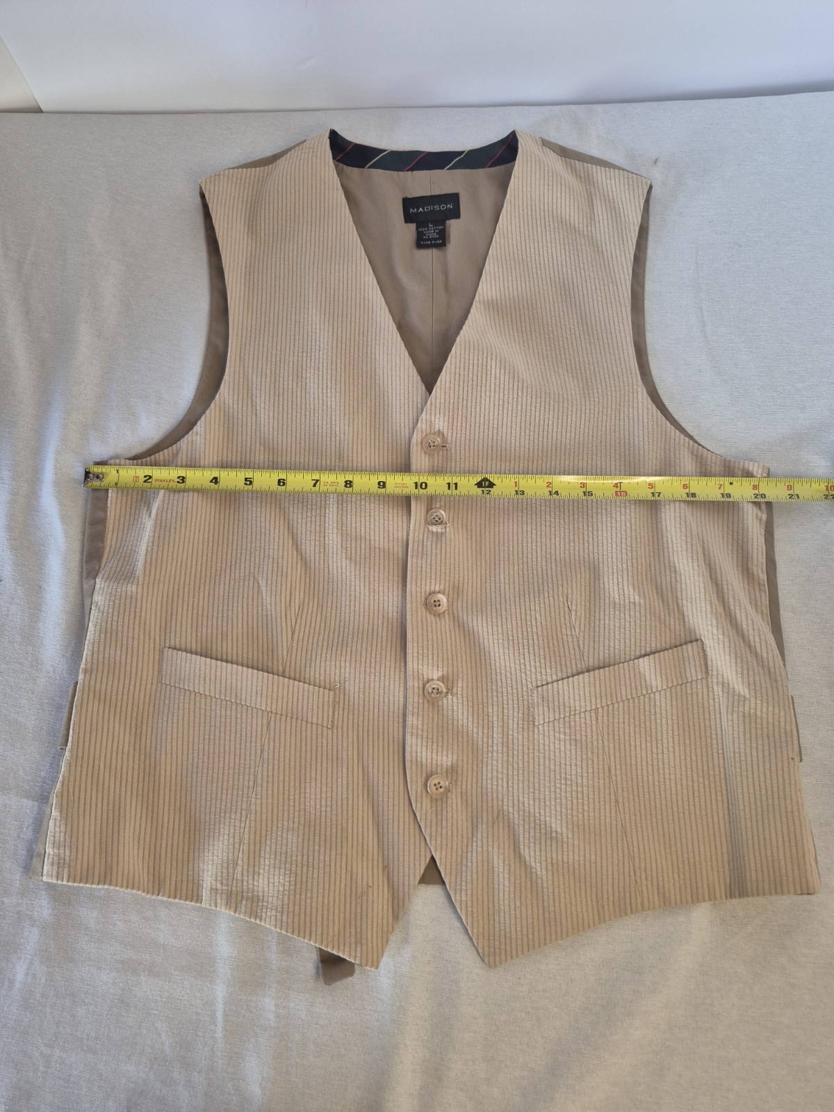 Mens Large Madison Brand Button Front Suit Vest Tan Brown Good 100% Cotton