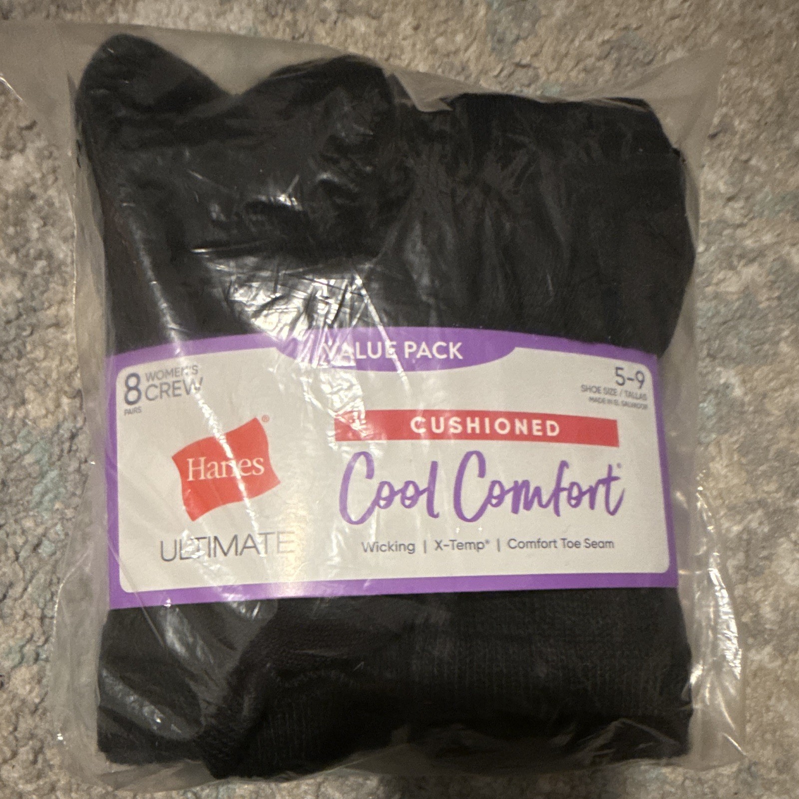 Hanes Ultimate Cool Comfort Cushioned Crew Socks Black 8 Pairs Women 5-9