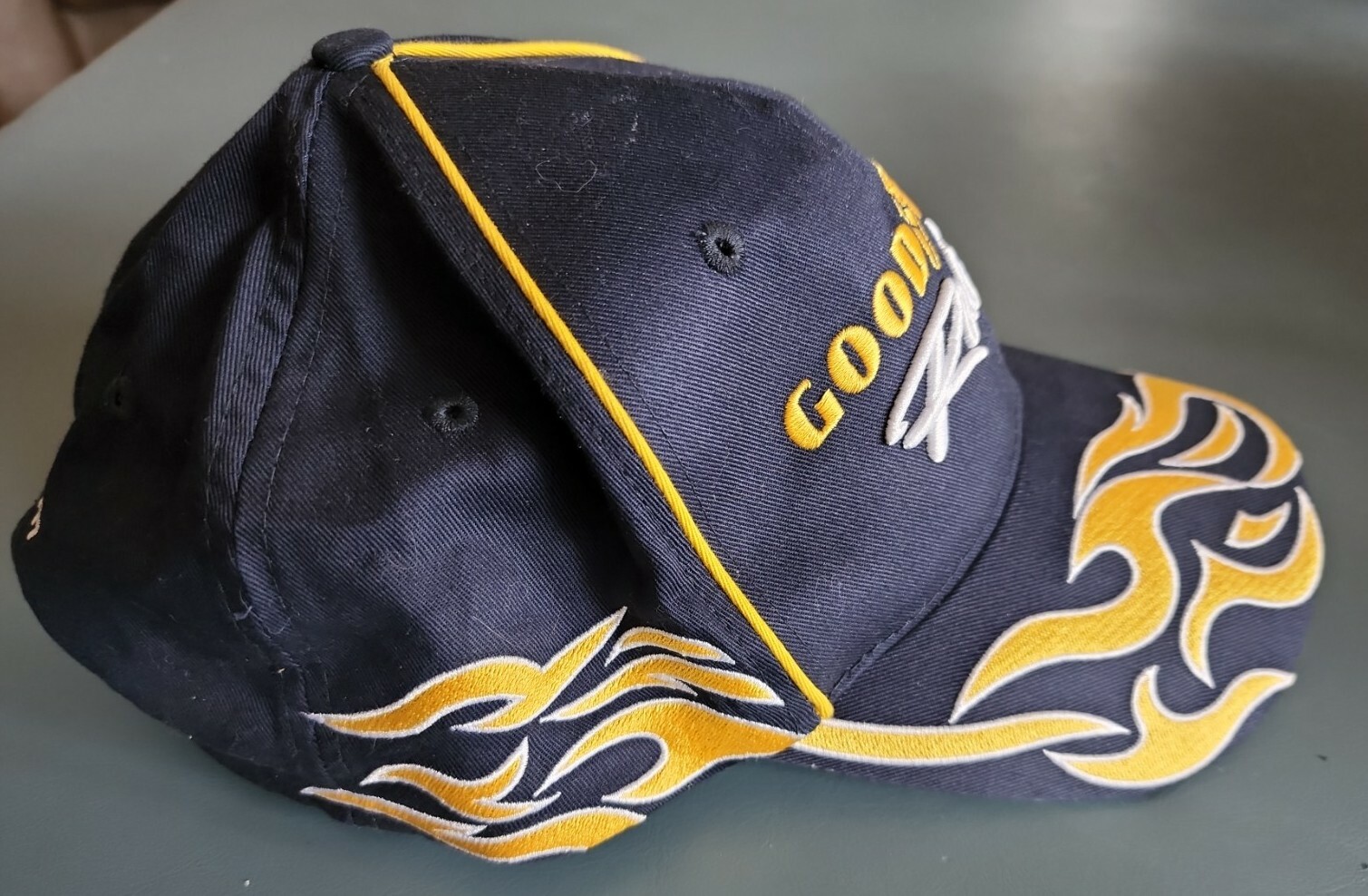 Good Year #1 Racing Adult Adjustable Strapback Cap Navy Blue Yellow Flames NWOT