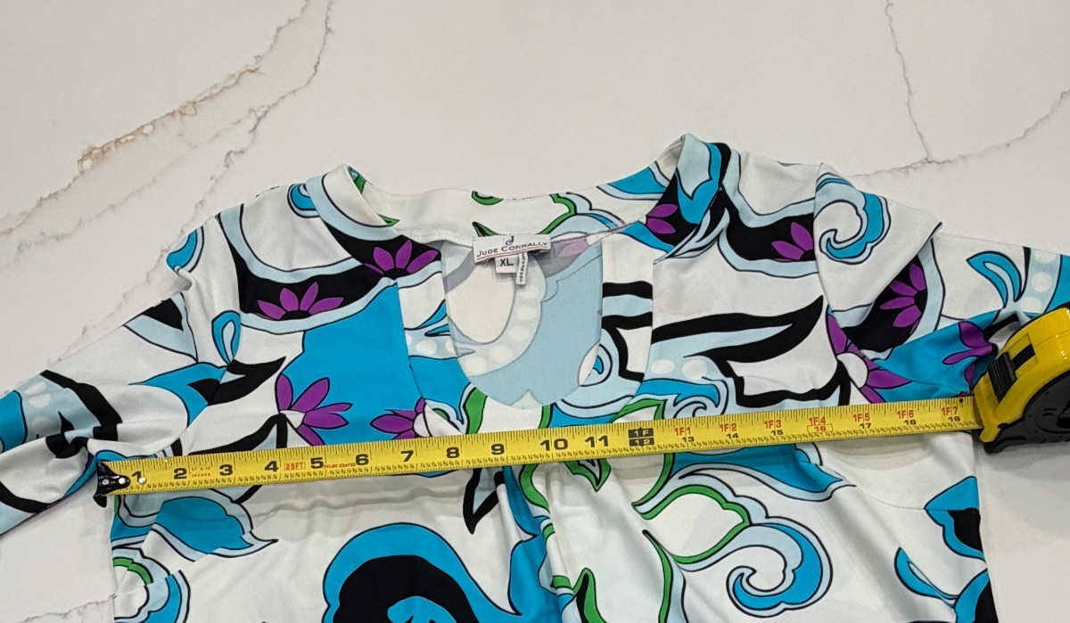Jude Connally Turquoise and White Jersey Shift Dress Size XL 3/4 Ruffle Sleeve