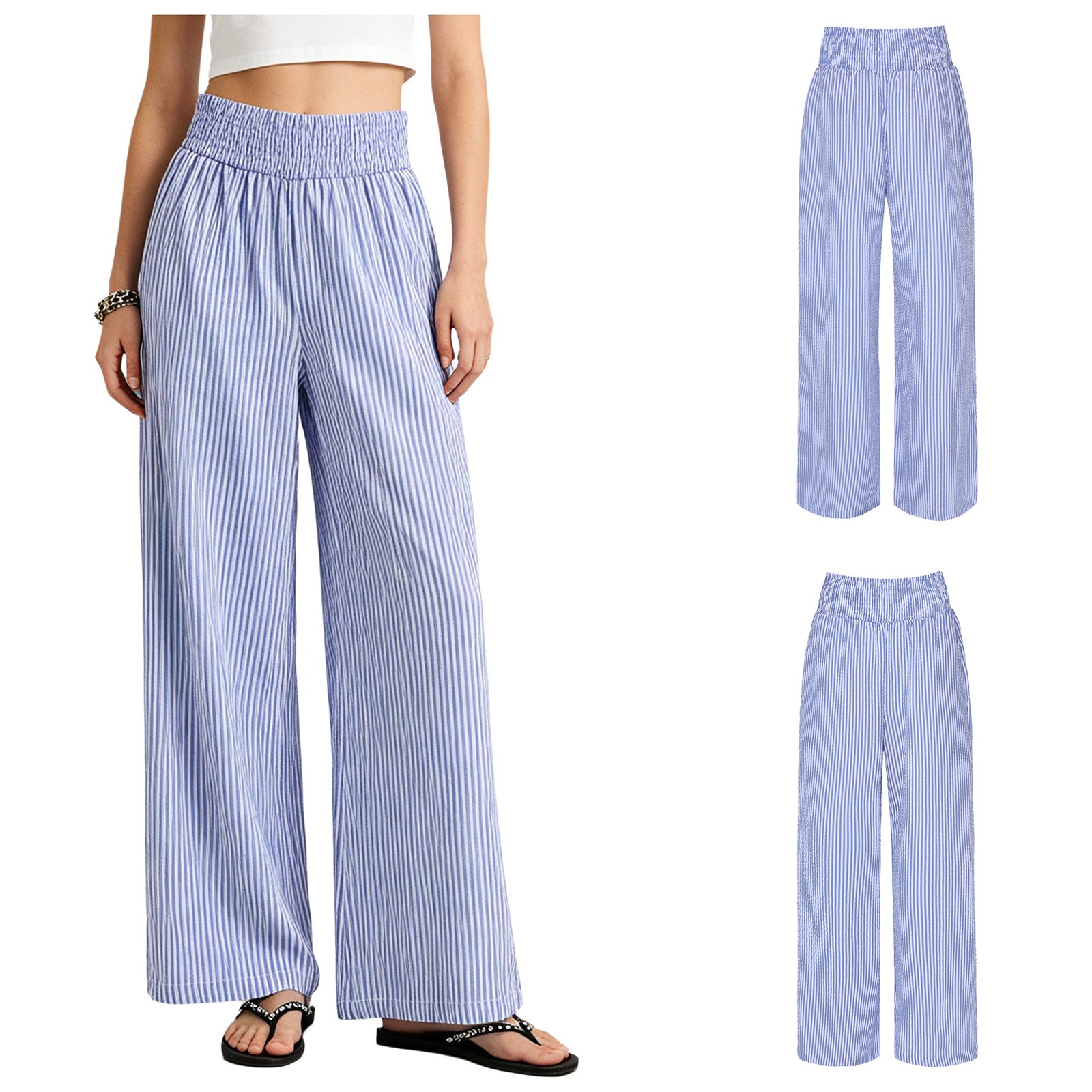 US Women Striped Casual Daily Pants Beach Travel Wide Leg Trousers Casualwear