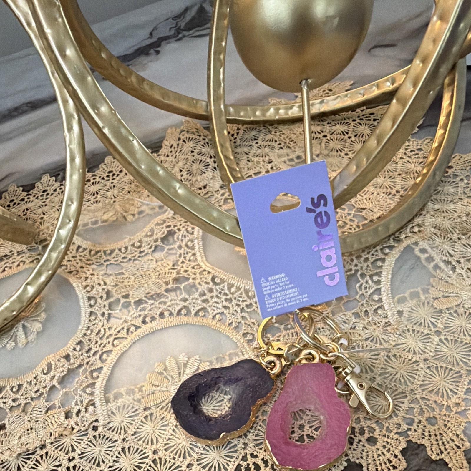 Claire’s Gold Tone Geode Charm Key Chain Keychain Pink Purple Detachable