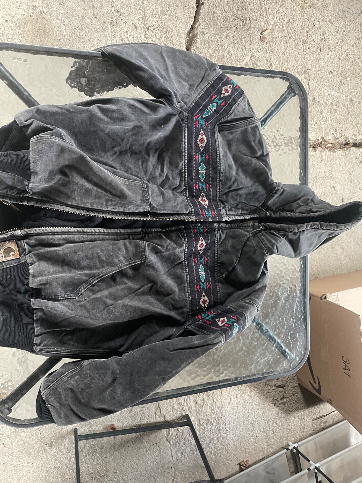 Vintage Carhartt Southwest Aztec Hooded Jacket JR0005 Black/Grey Distressed sz M
