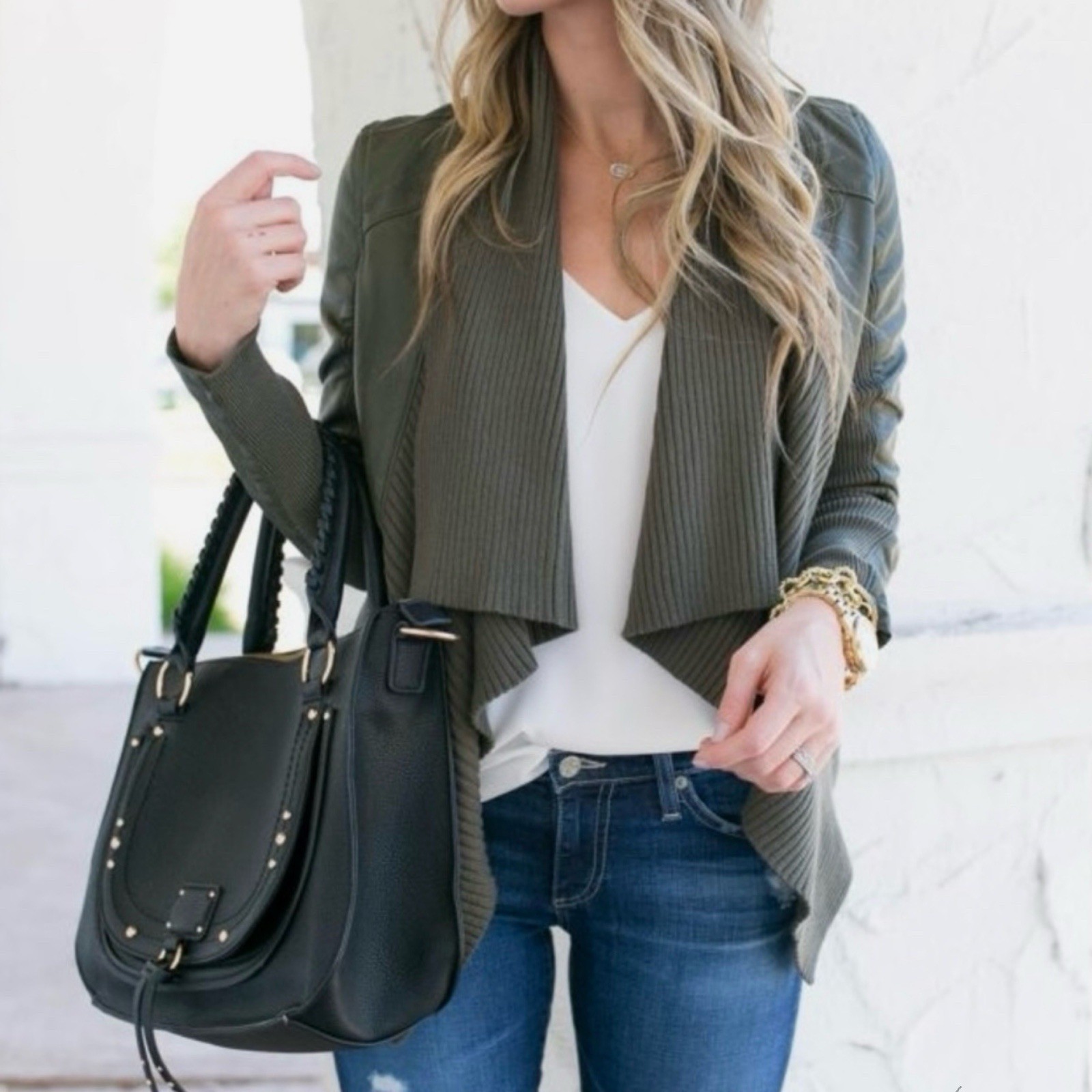 Blank NYC Moto Jacket Vegan Leather Knit Mixed Media Olive Green Sz Small