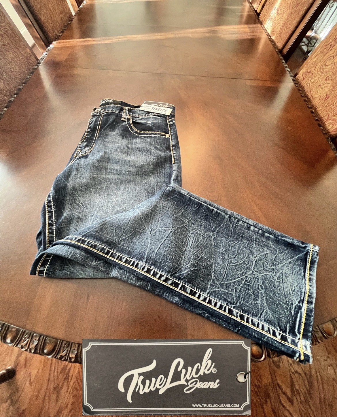 True Luck Men’s Blue Jeans 40×32 Straight Classic Stretch Designer