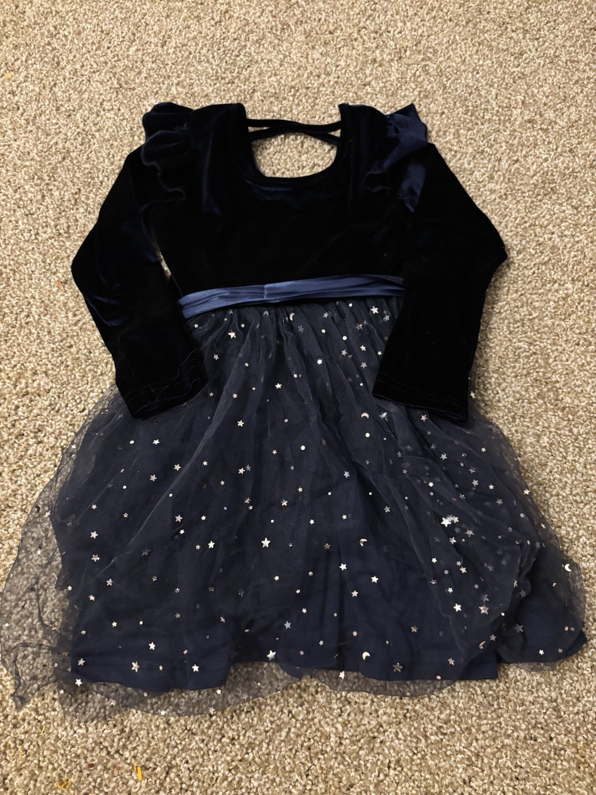 Girls Navy Blue Velvet Long Sleeve Star Tulle Layered Fit & Flare Dress 4t