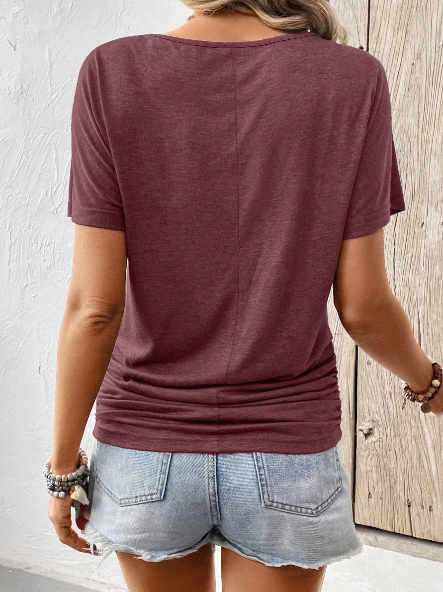 Frenchy Solid Color V-Neck Batwing Sleeve Pleated Casual Summer T-Shirt