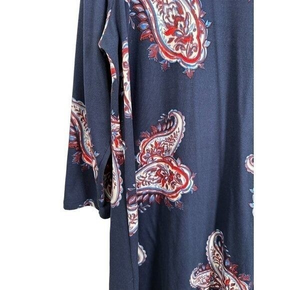 Navy Blue Paisley Long Sleeve Crew Neck Shift Dress Red White Print