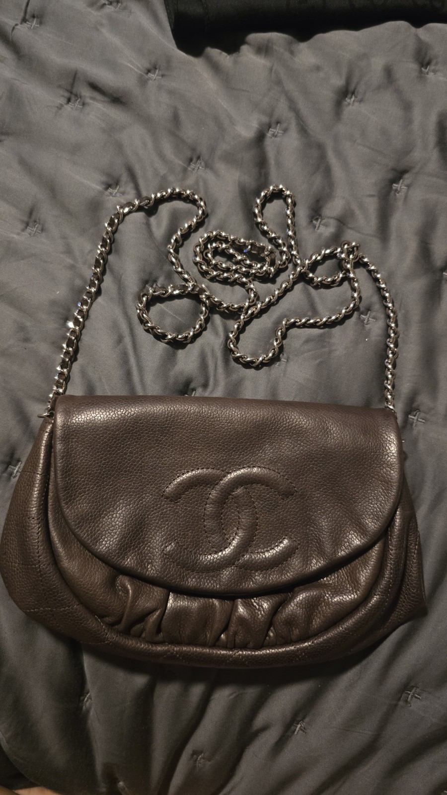 CHANEL Brown Half Moon Small Crossbody Bag Silver Chain Snap CC Logo