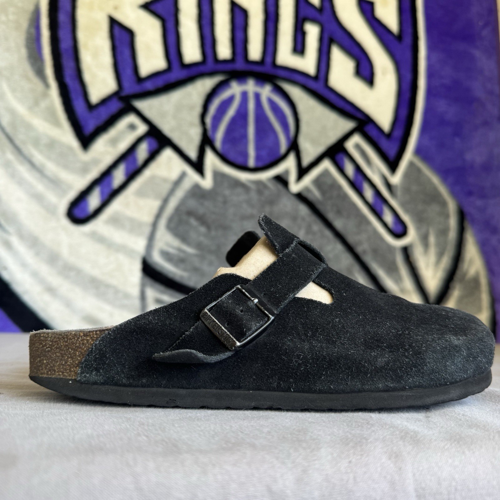 Size 40/W9/M7 – Birkenstock Boston Soft Footbed Suede Leather Black