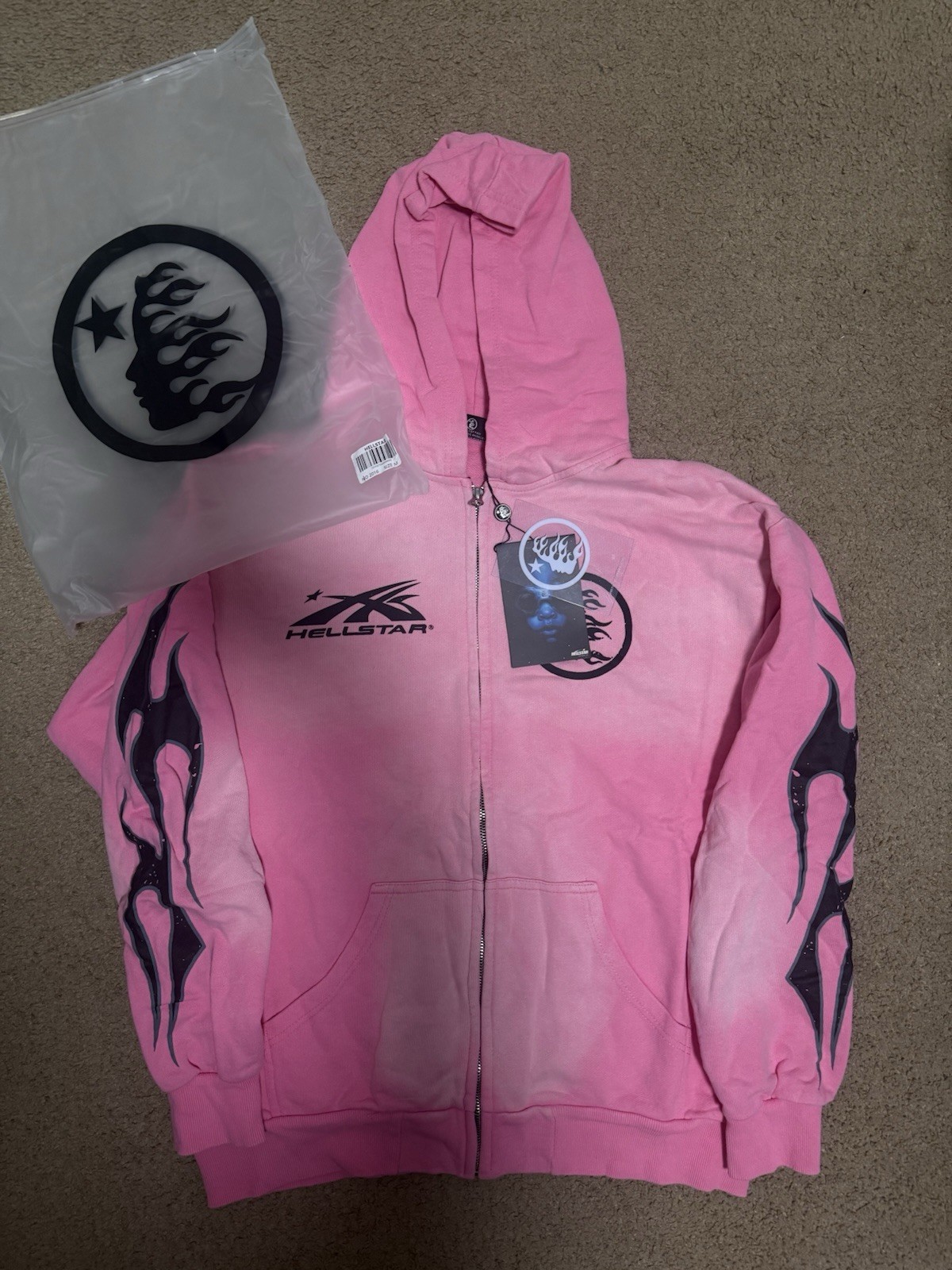 Hellstar Women’s Pink/Black Full Zip Hooded Hoodie Graphic Logo Print M