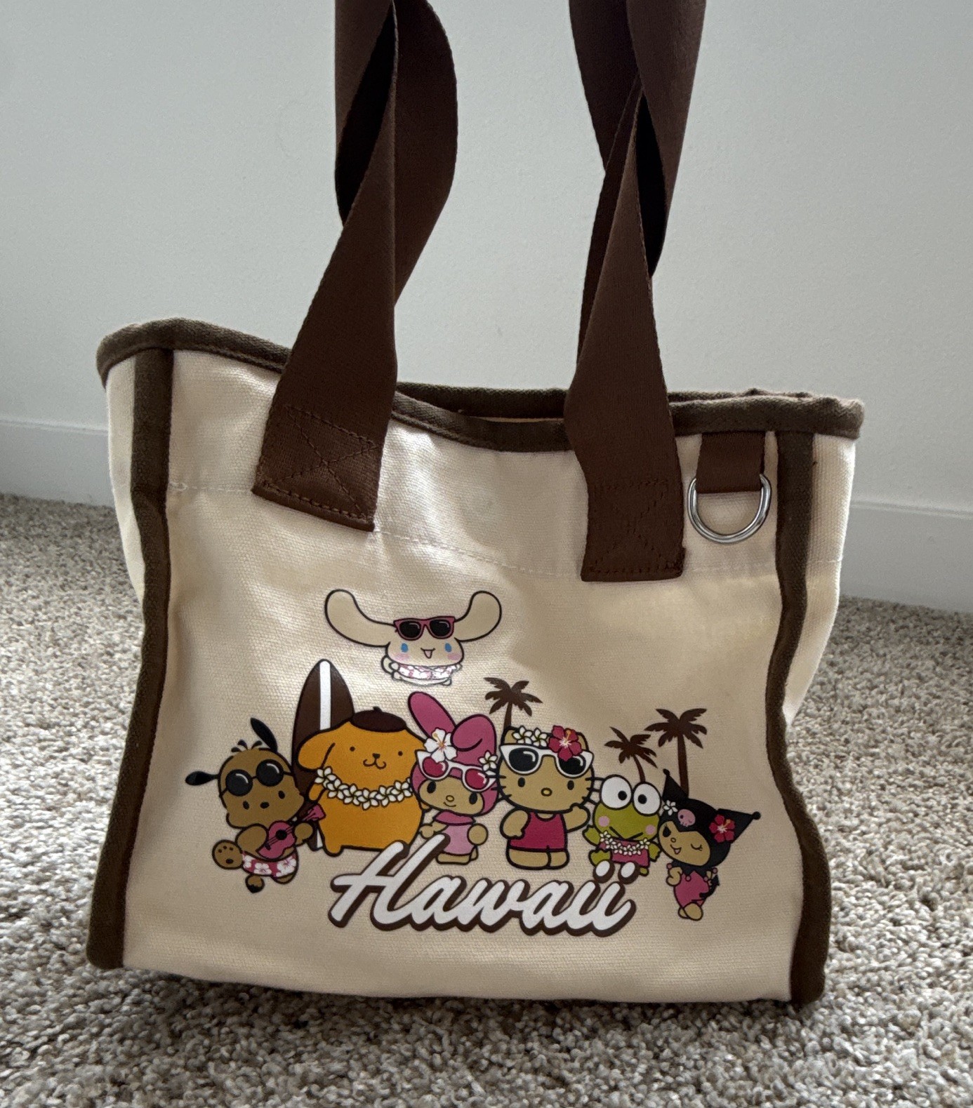 Sanrio Hello Kitty & Friends Hawaii Tote Bag Snap Closure Inner Pockets Beige