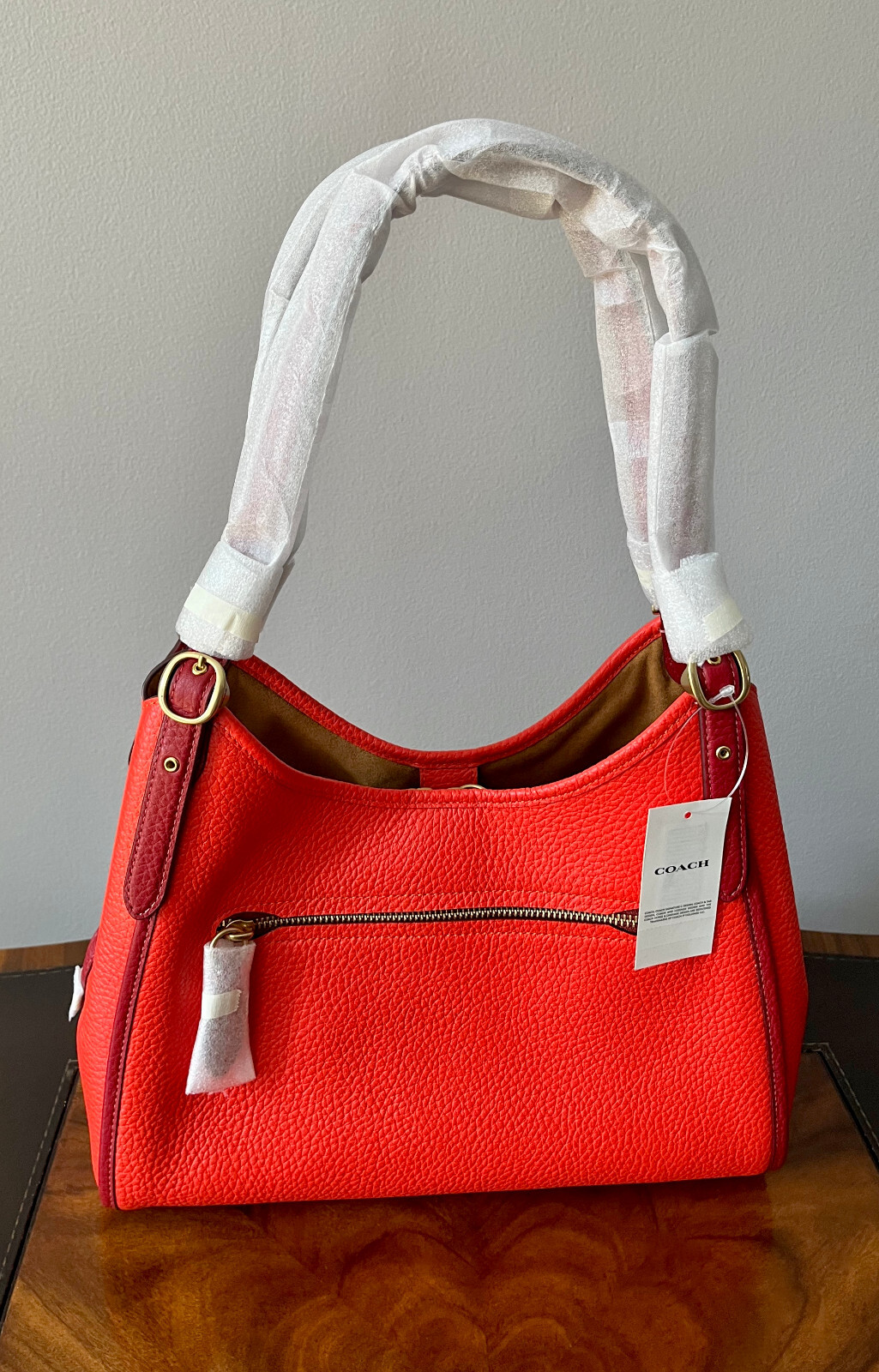 NWT COACH LORI SHOULDER BAG Red Orange 2-Tone Pebble Leather 3-Compartments $395