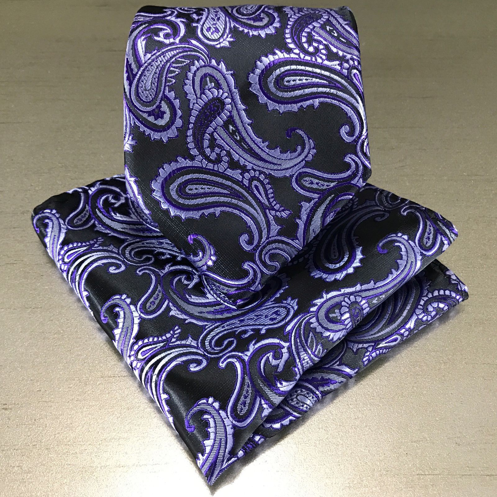 Men’s Black / Purple Neck tie and Pocket Square Hankie Set Formal Wedding 600-P