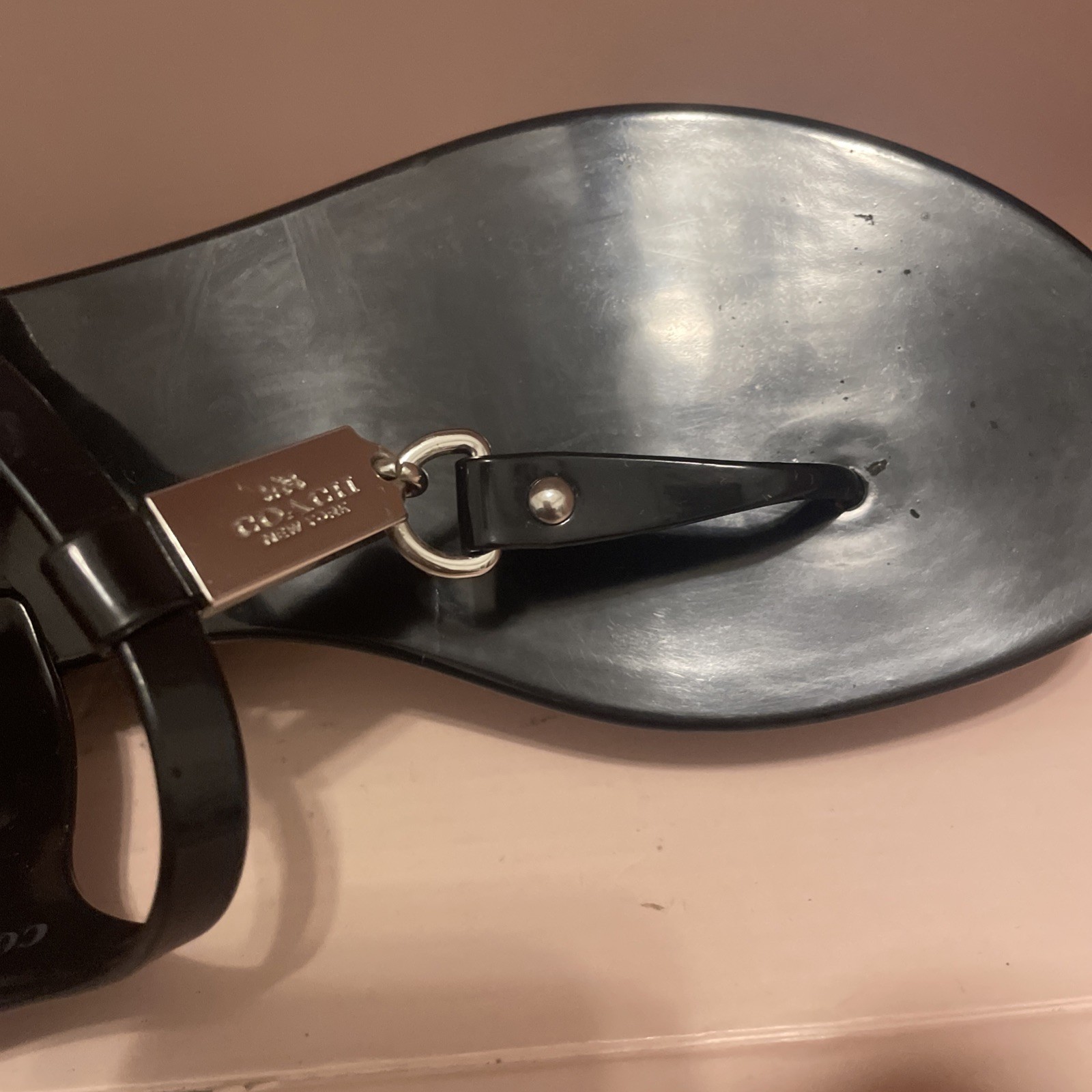 Coach Piccadilly Thong Jelly Sandals Black Logo Strappy Ankle Strap Buckle 8 B