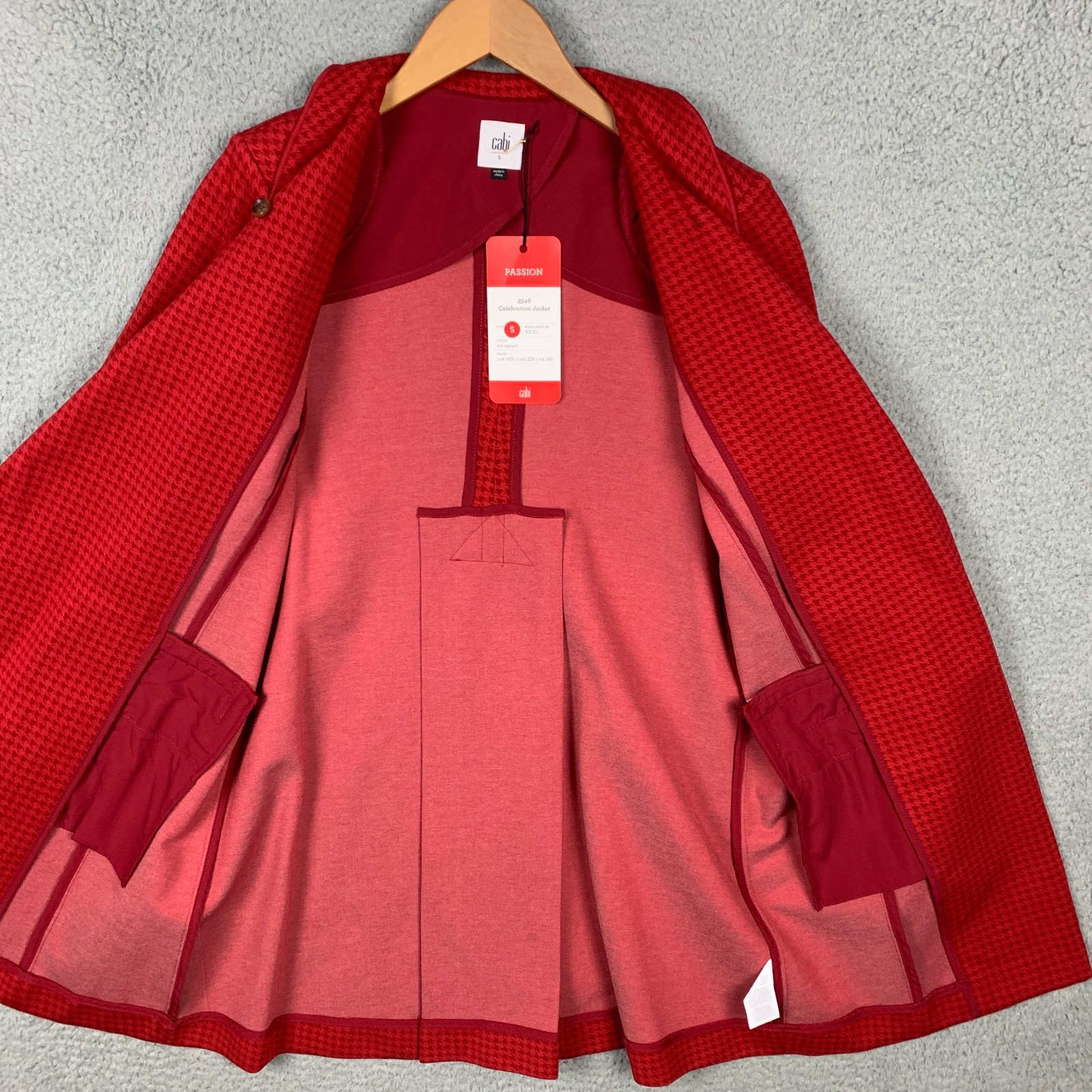 CAbi Celebration Jacket Womens Small Red Square 3546 Houndstooth Ruffle Coat NWT