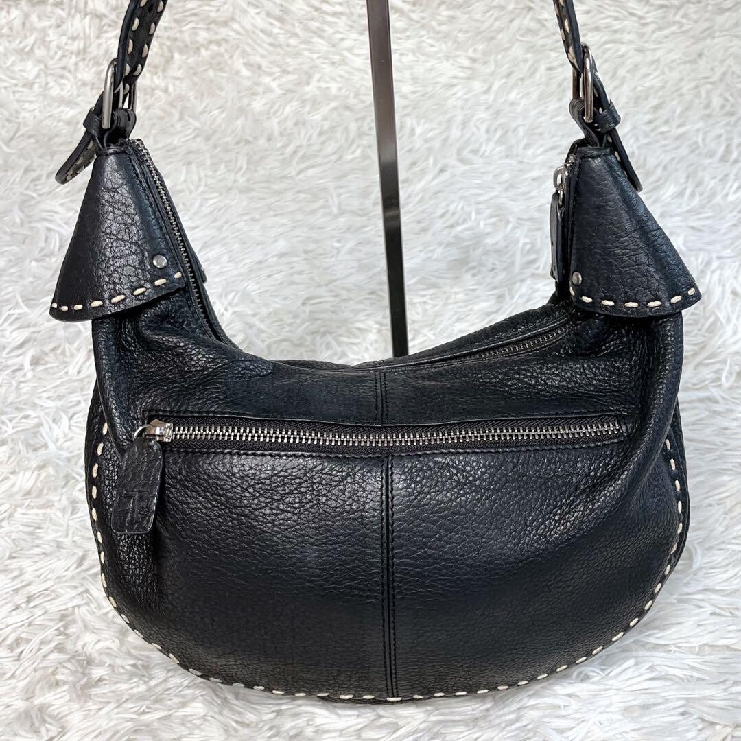 TOD’S Black Leather Half Moon Shoulder Bag White Stitching Y2K Pebbled Logo Auth