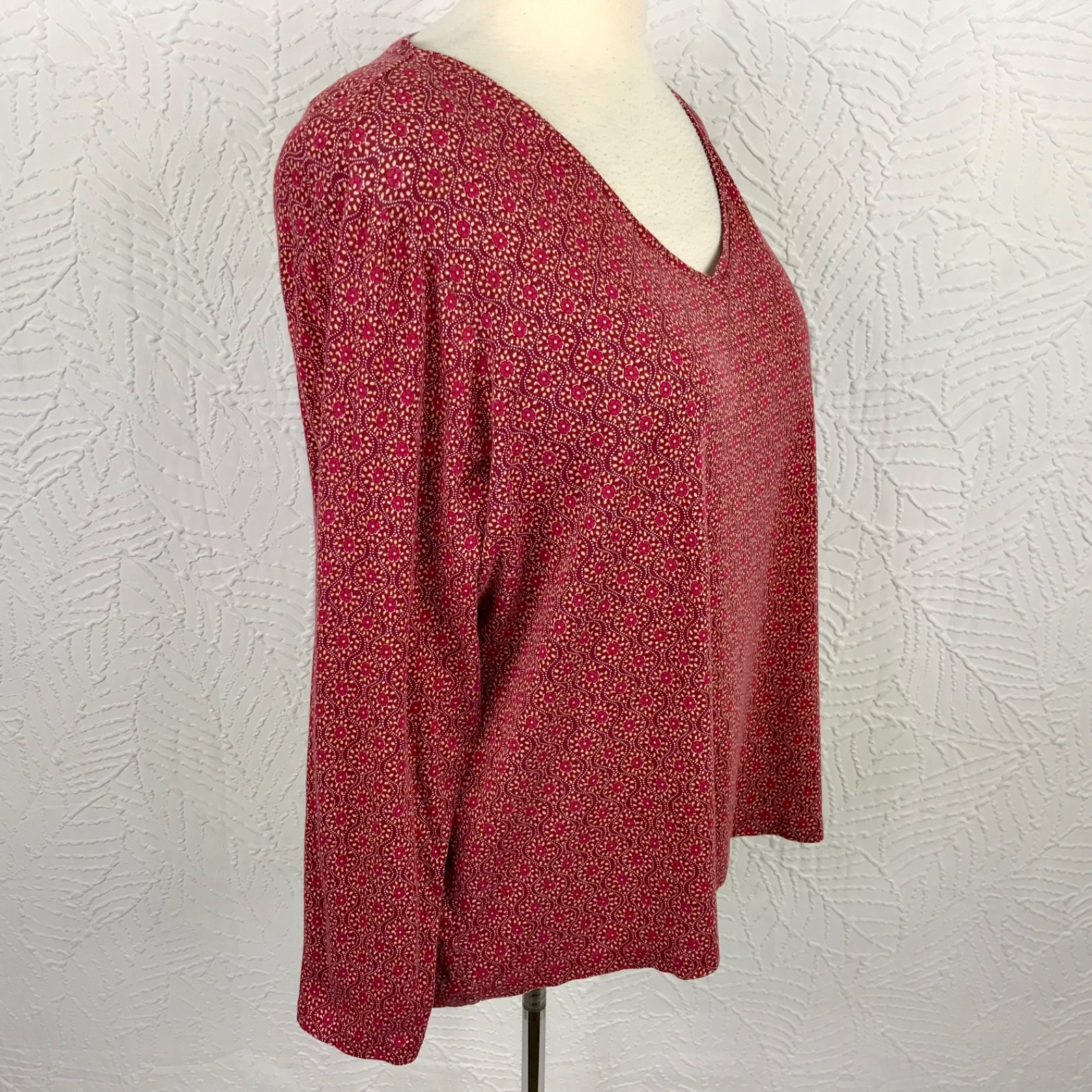 Croft & Barrow Classic Top Tee Shirt 2X Burgundy Geo Long Sleeve 100% Cotton