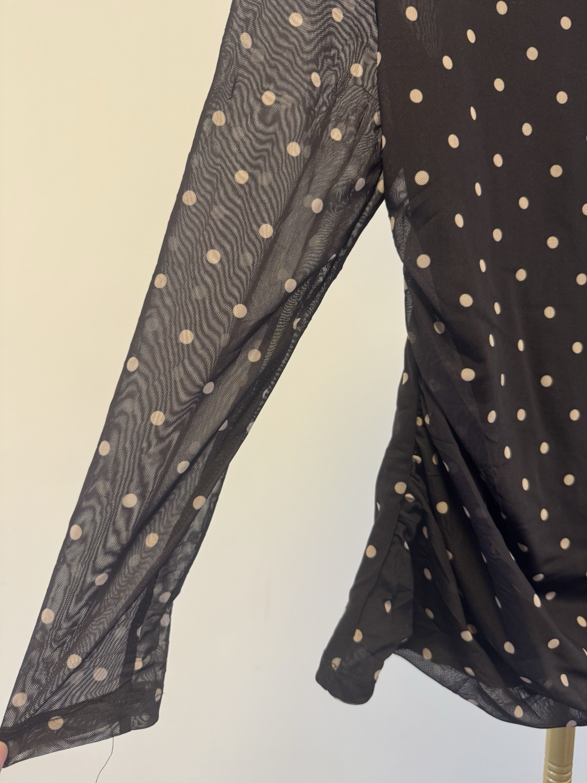 Size Large Primark Dark Brown Polka Dot Mesh Top Long Sleeve Sheer Stretch Top