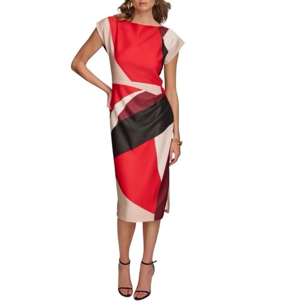 Donna Karan Women Dress Size 4 Red Black Scuba Color Block Boat Neck Sheath