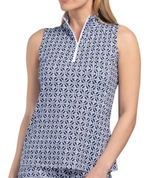 NWT Ladies GOTTEX GEO TORI NAVY BLUE Sleeveless Mock Golf Tennis Shirt S M L XL
