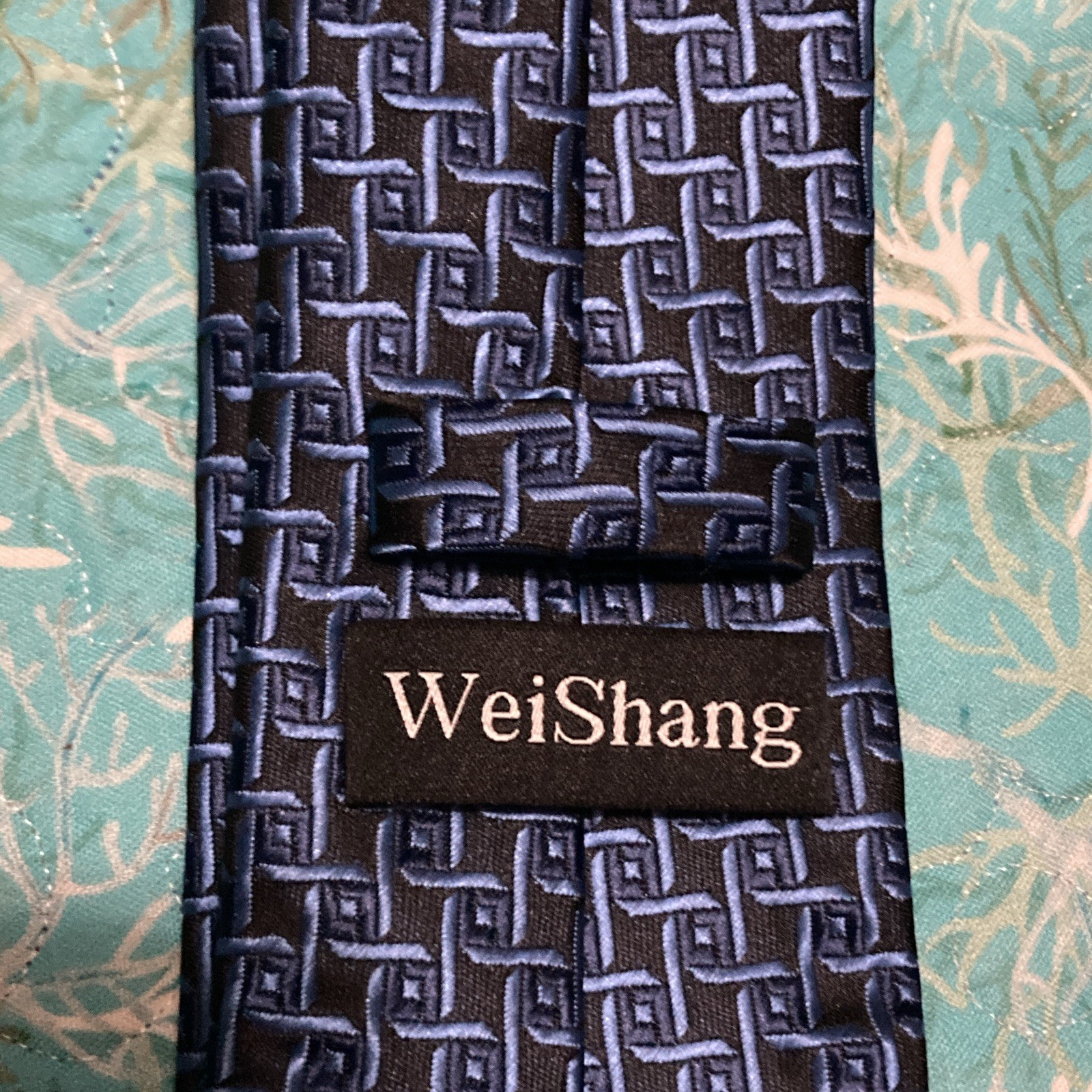 WeiShang Men’s Polyester Tie Blue Black Geometric Woven Logo Pointed