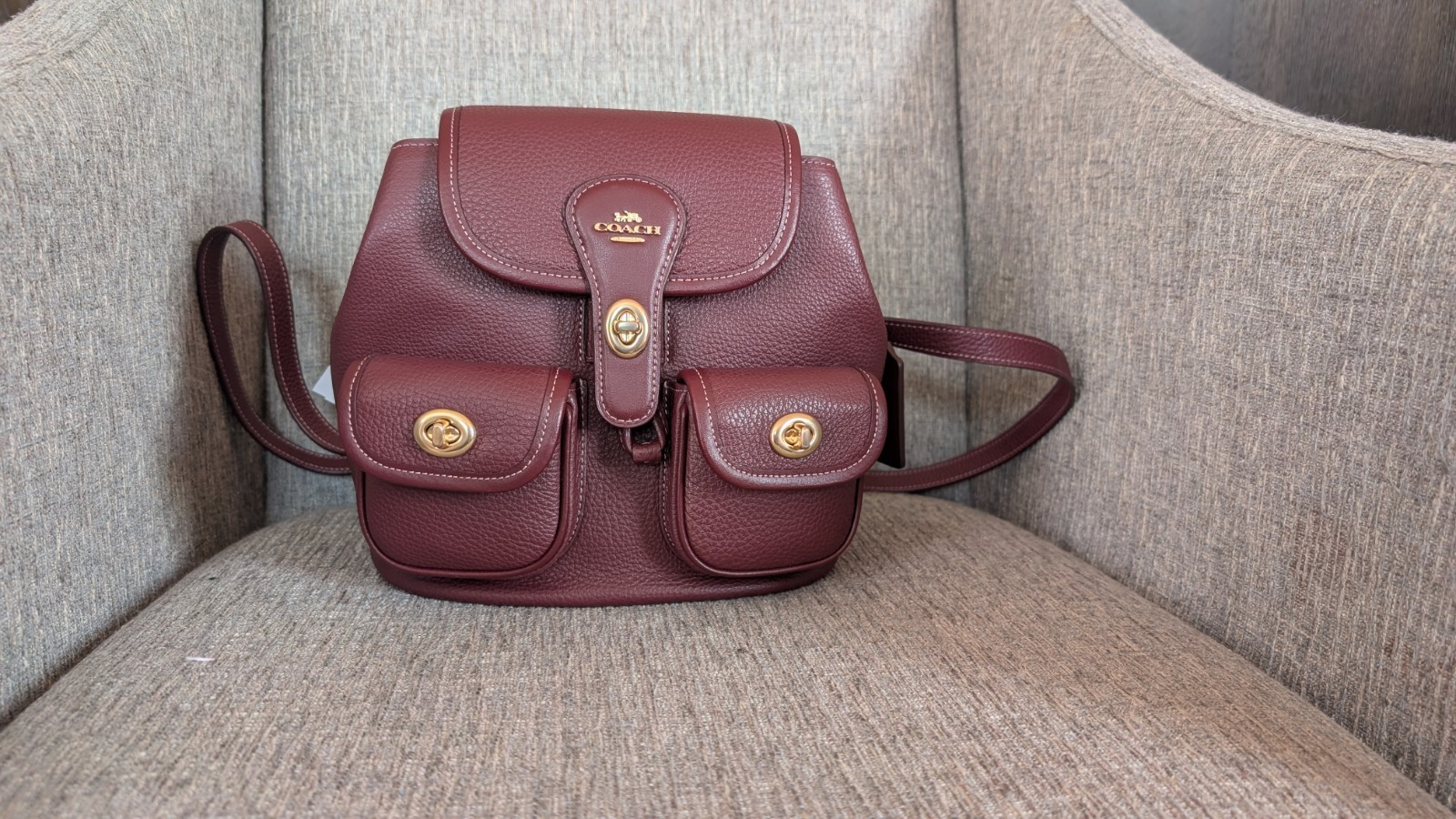 Coach Dark Wine Pebbled Backpack Turn Lock Buckle Accent Adjustable Strap