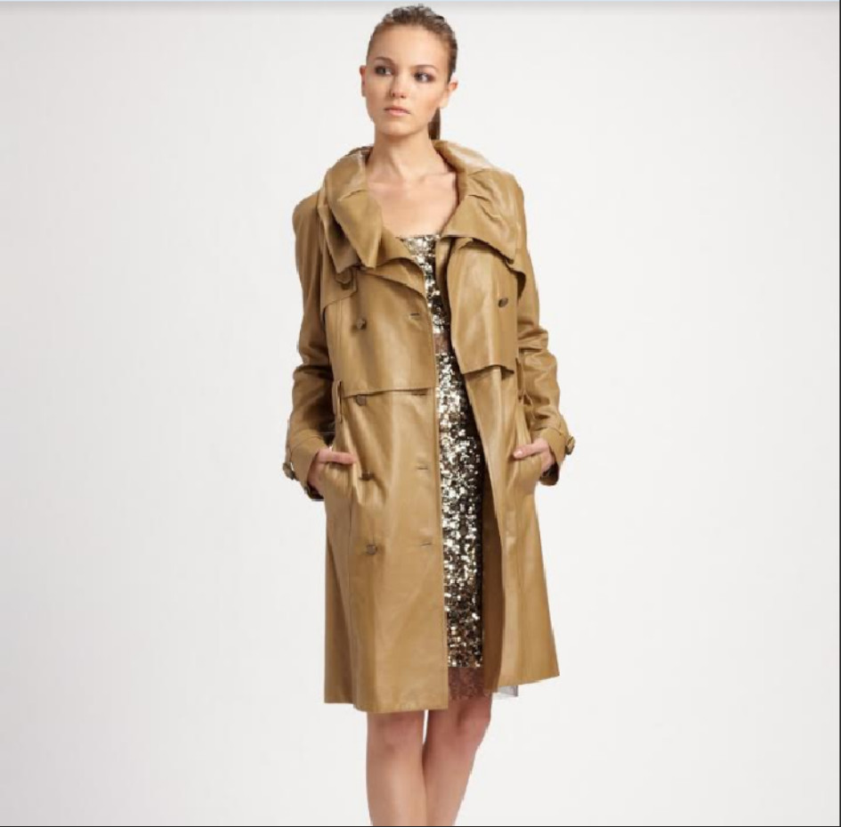 L/G ❤️$1800 ELIE THAHARI METALLIC TAN SILKY LEATHER TRENCH LONG COAT/JACKET