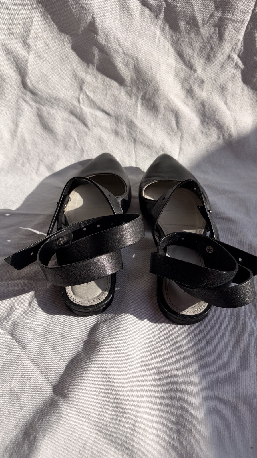 Vintage Black Leather Flats Ankle Wrap Slingback Pointy Toe by Strenesse 38