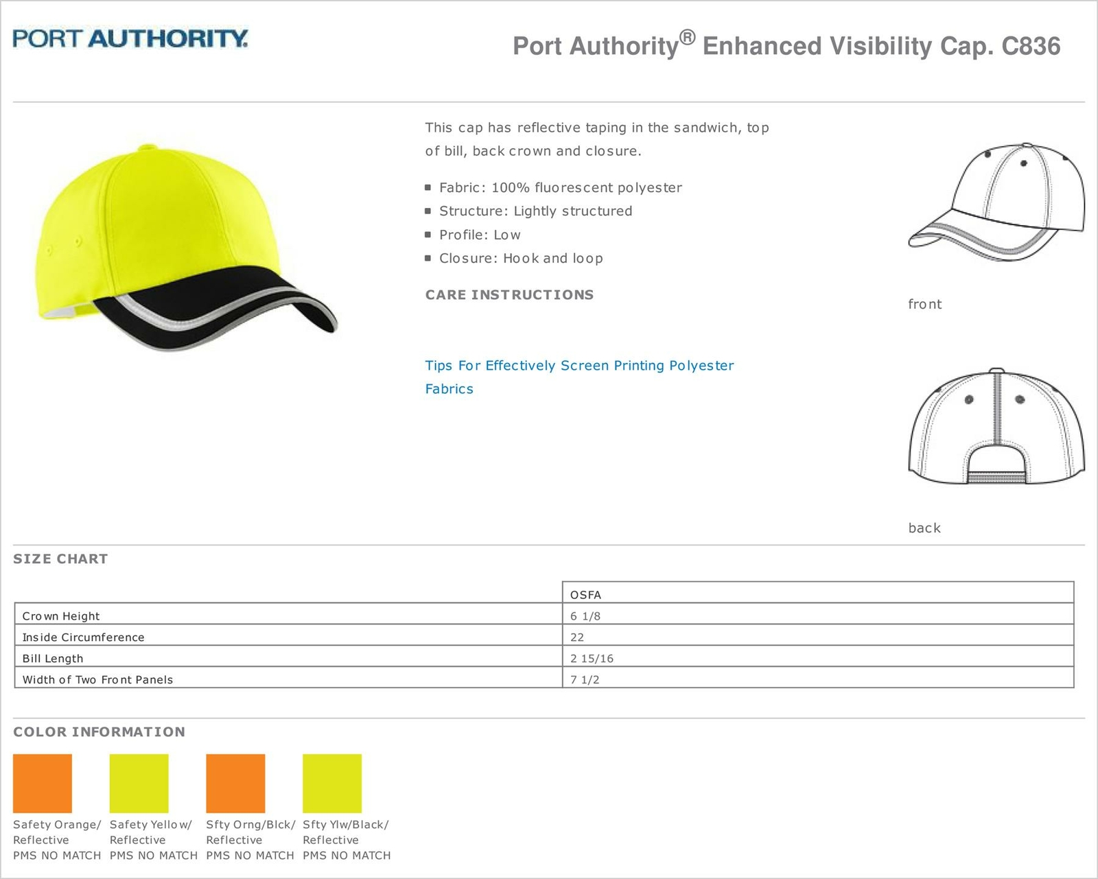 Port Authority Safety Construction Workwear Enhanced Visibility Cap M-C836