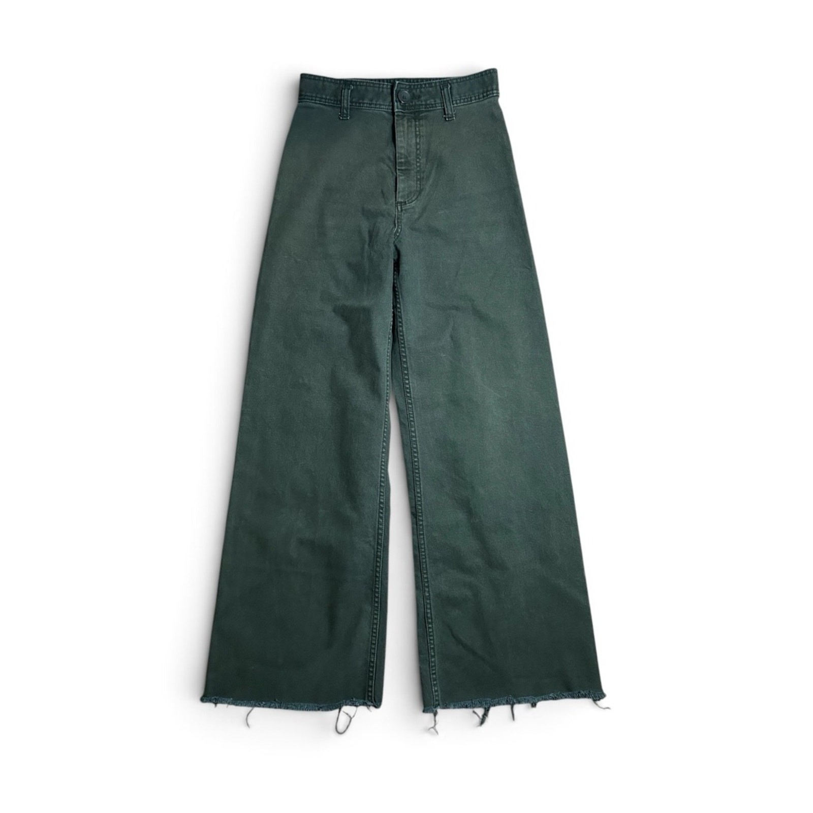 Zara The Marine Straight Wide Leg Raw Hem Dark Green Jeans SIZE 4