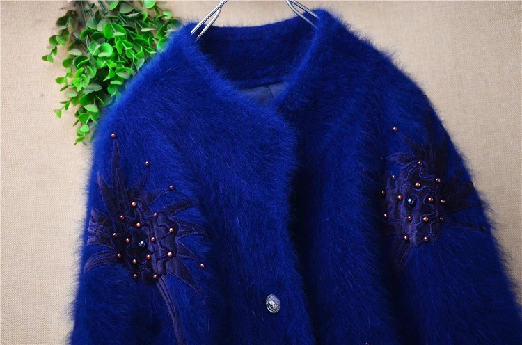 Women’s Angora Rabbit Hair Beaded Batwing Sleeves Loose Cardigans Sweater Coat