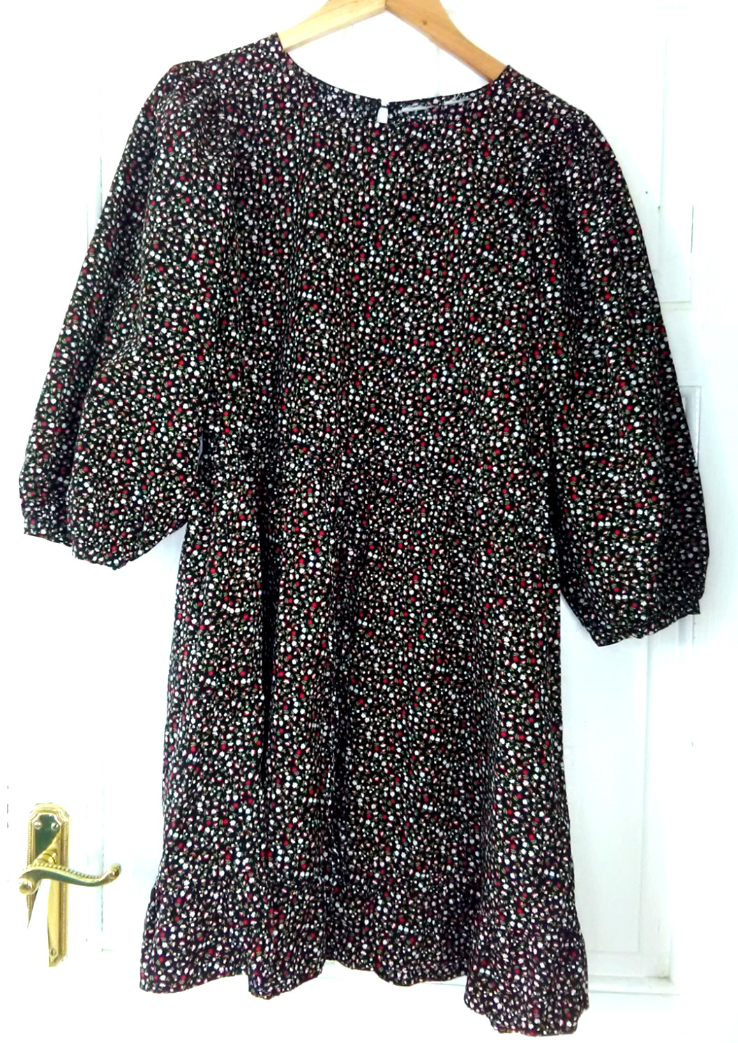 BLACK RED & WHITE COTTON MIX TIE-WAIST 3/4 LENGTH SLEEVE DRESS UK 14 LENGTH: 35″