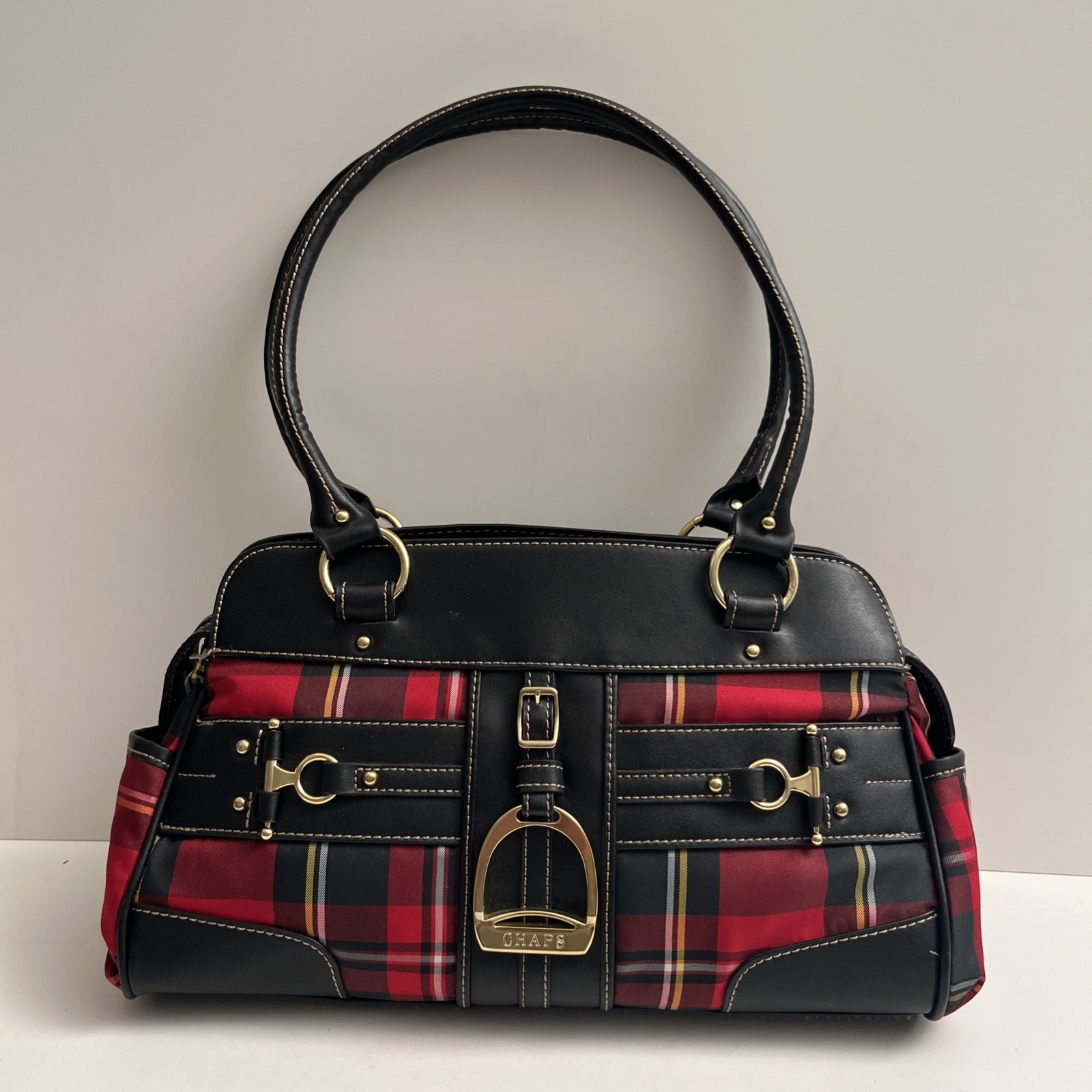 Chaps /Ralph Lauren Equestrian Buffalo Plaid Shoulder Bag w/Gold Stirrup Buckle