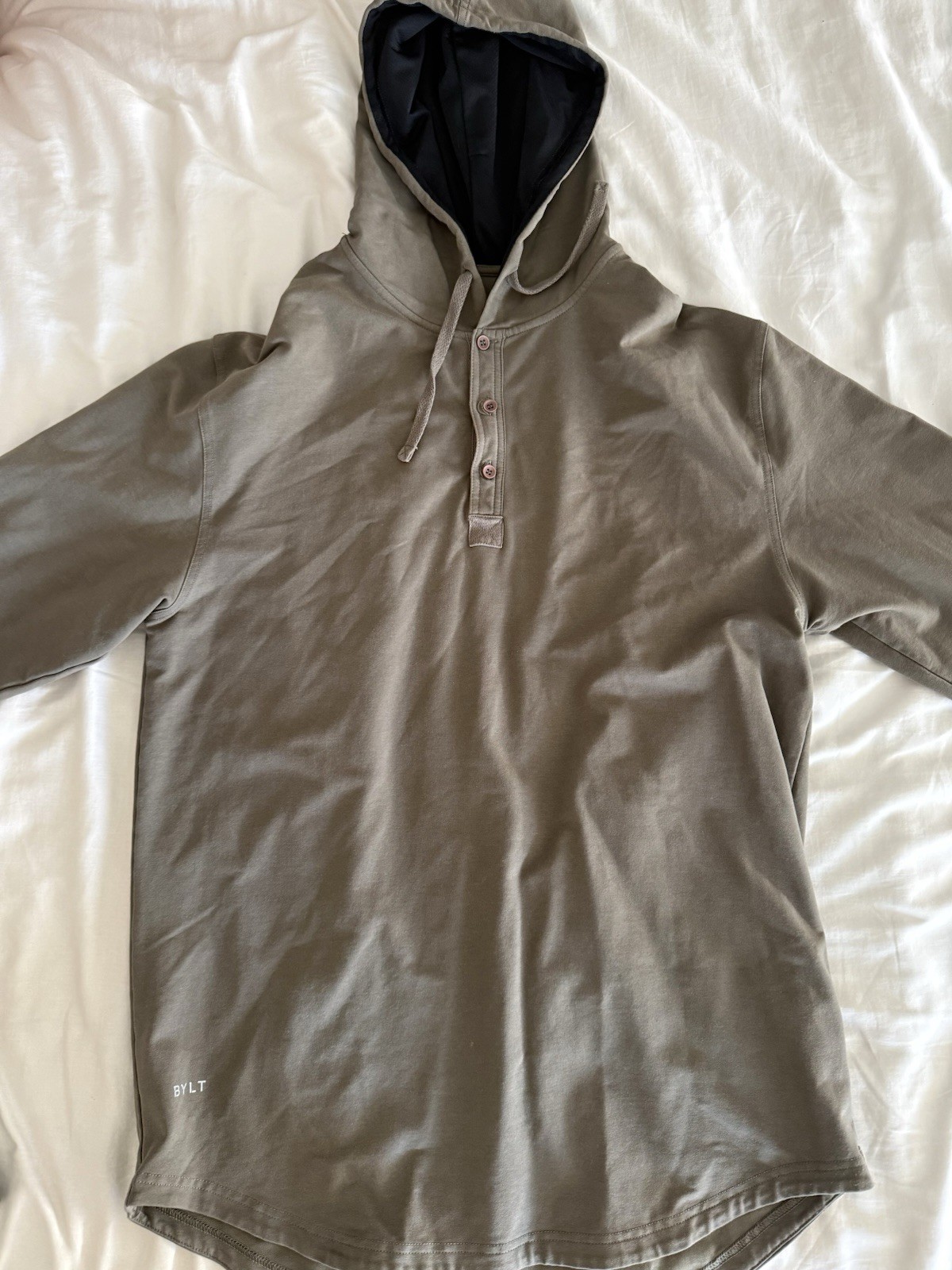 BYLT Premium Basics LUX Drop Cut Hooded Henley Pullover Hoodie Taupe Men’s XL
