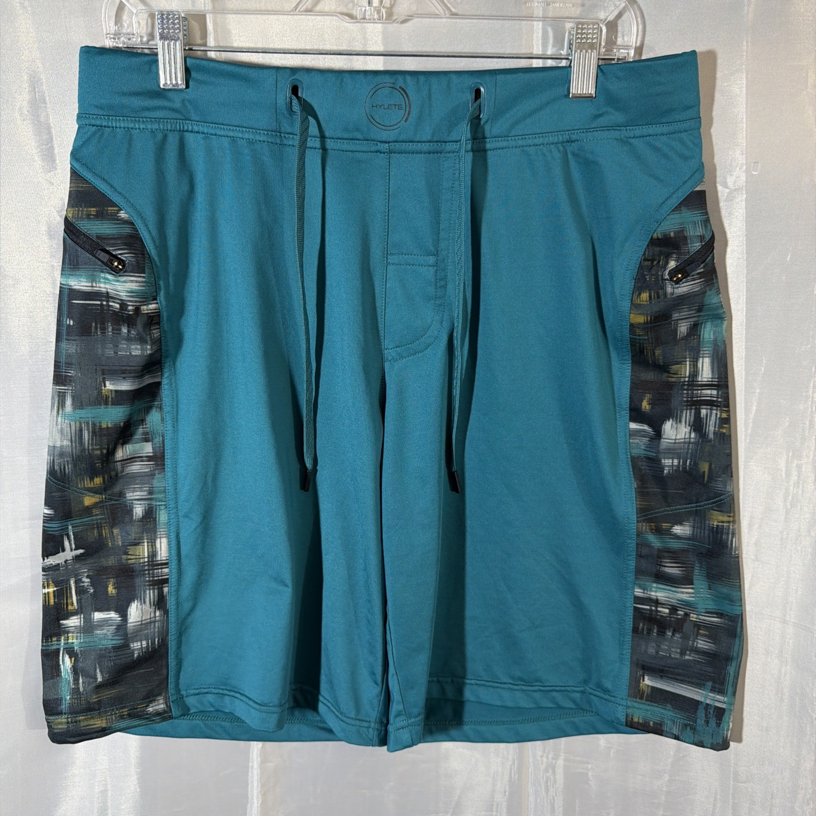 Hylete Above Knee Shorts Men’s L Teal Performance Stretch 9″ Inseam Drawstring