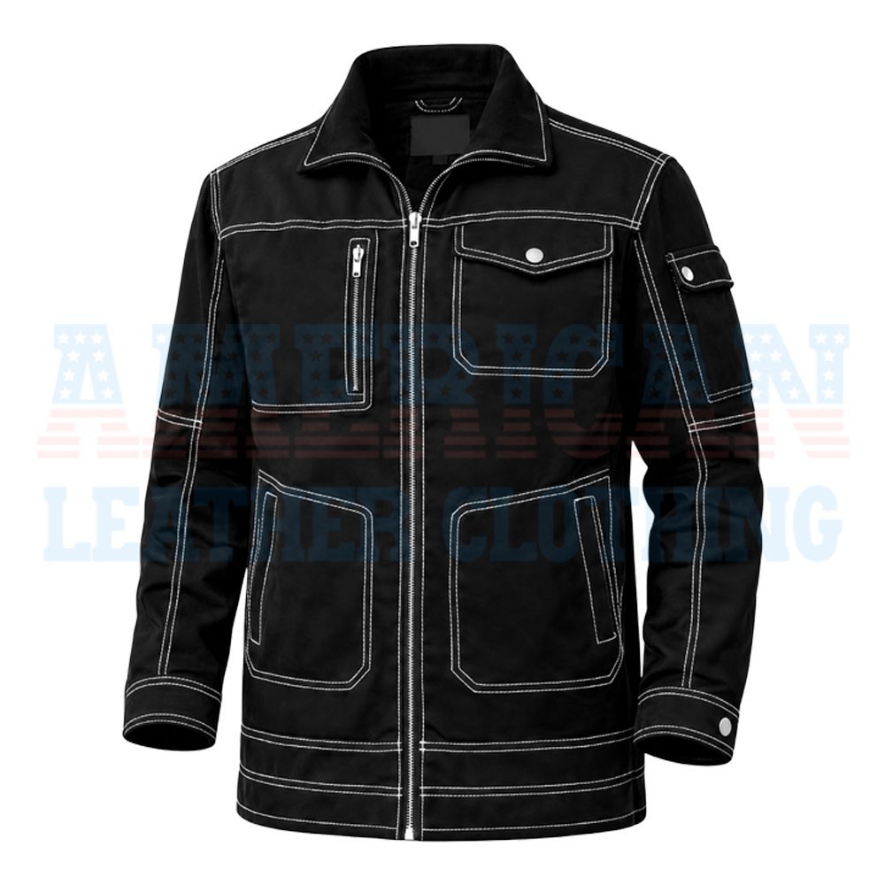 Handmade Men’s Black Twill Cotton Workwear Cargo Jacket with Multi Pockets