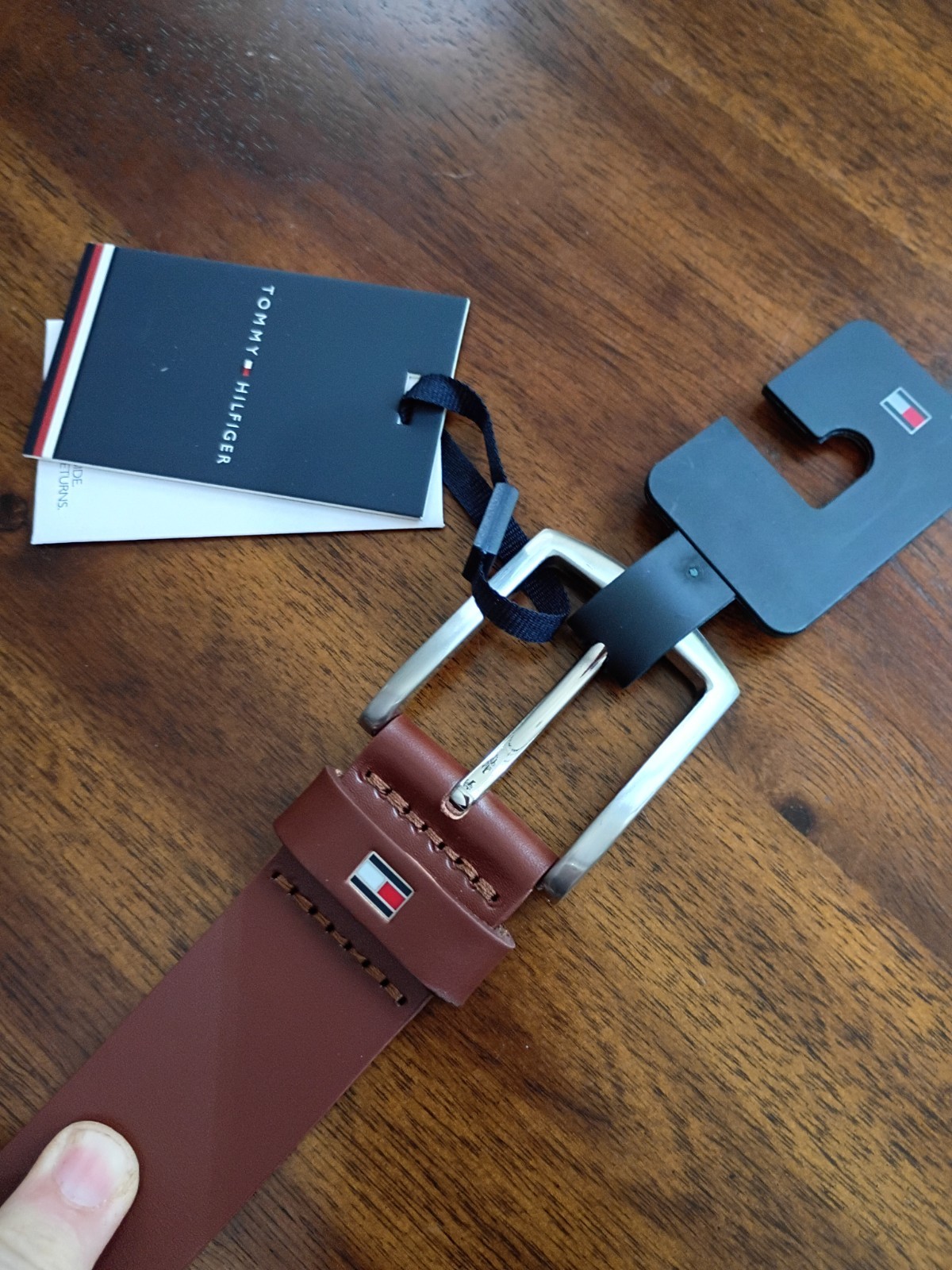 New 80cm Tommy Hilfiger Leather Flag Belt Brown Silver Buckle New Denton 3.5 In