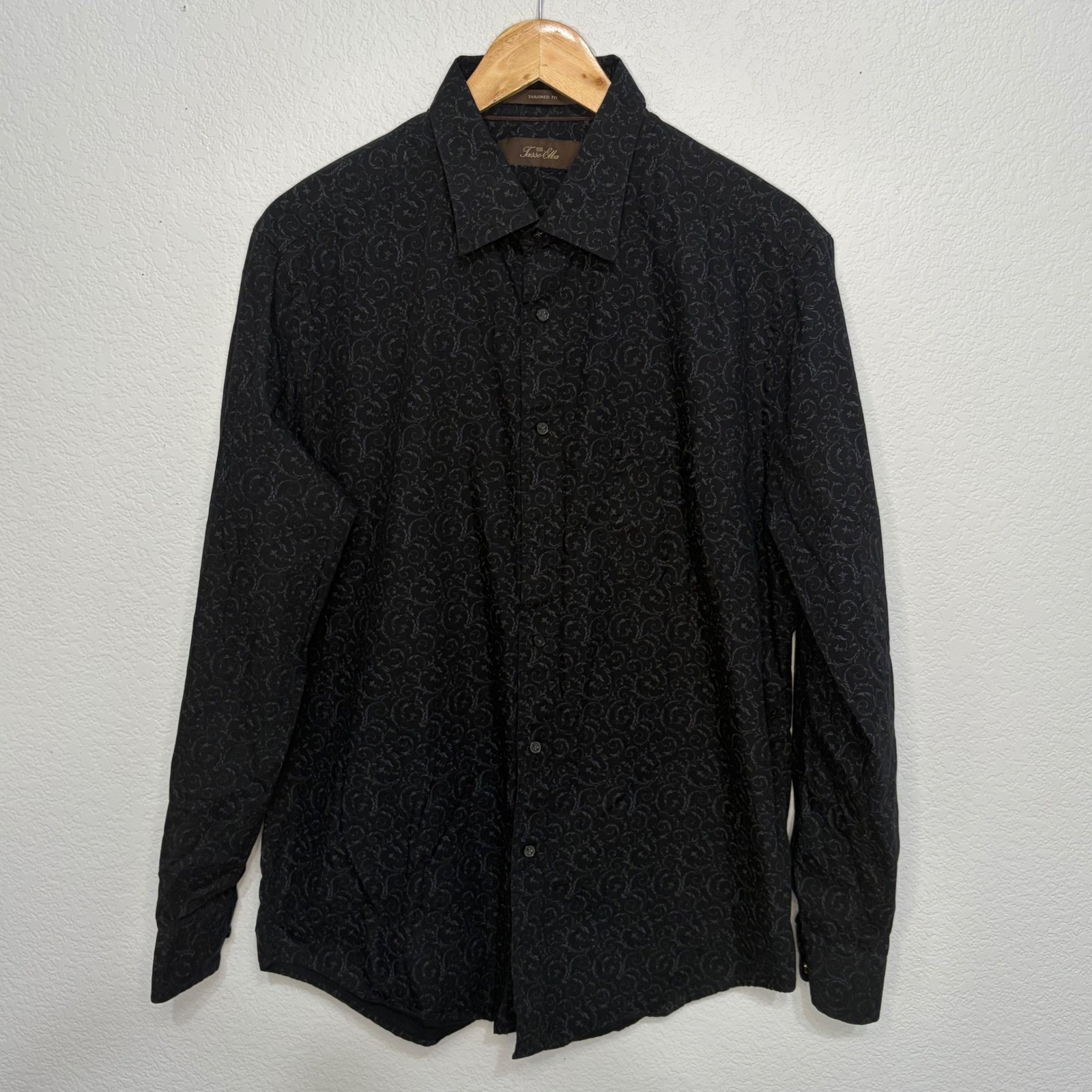 Tasso Elba Mens Large Tailored Fit Cotton Paisley Scroll Button Down Shirt Black